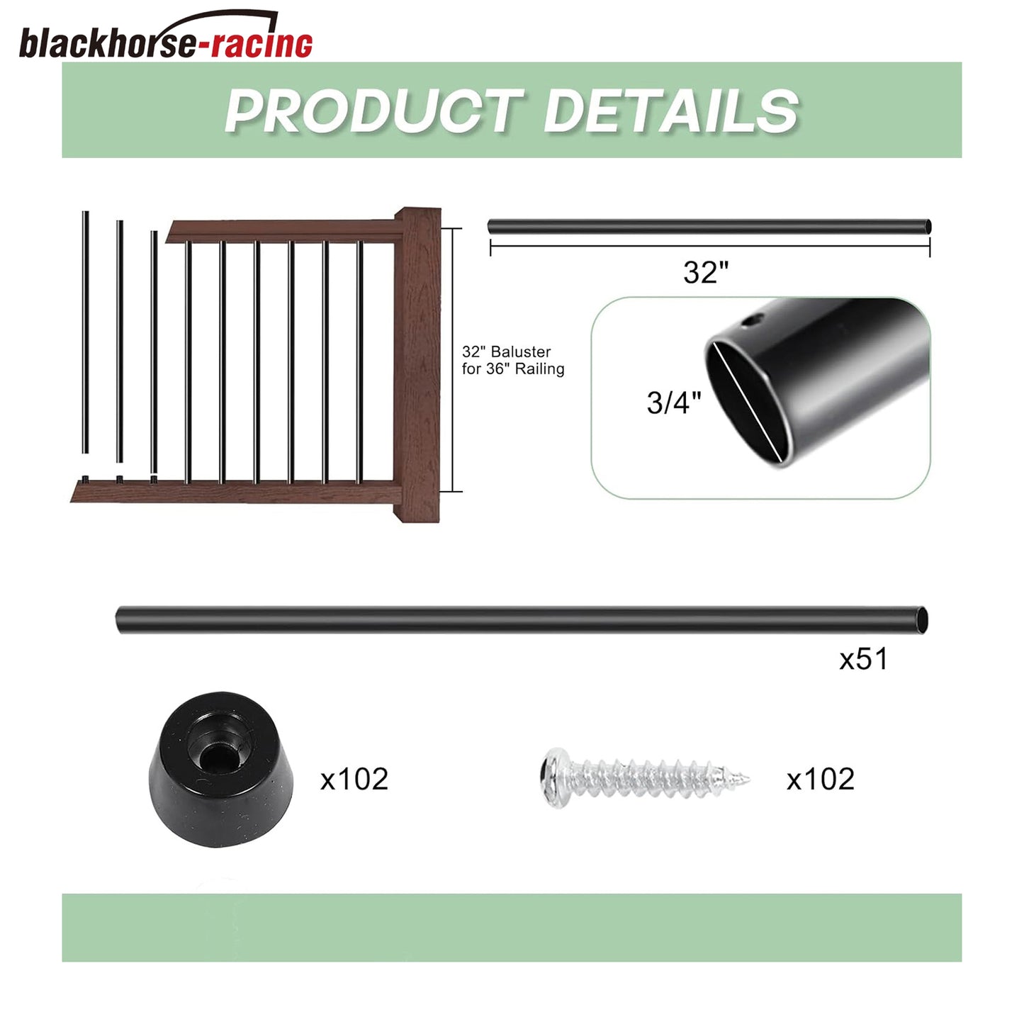 51 Pack 32 Inch Aluminum Deck Balusters 3/4" Diameter Hollow Round Balusters for Deck Railing Deck Spindles with Screws for Railing Fencing Balusters Staircase Spindles with Connectors