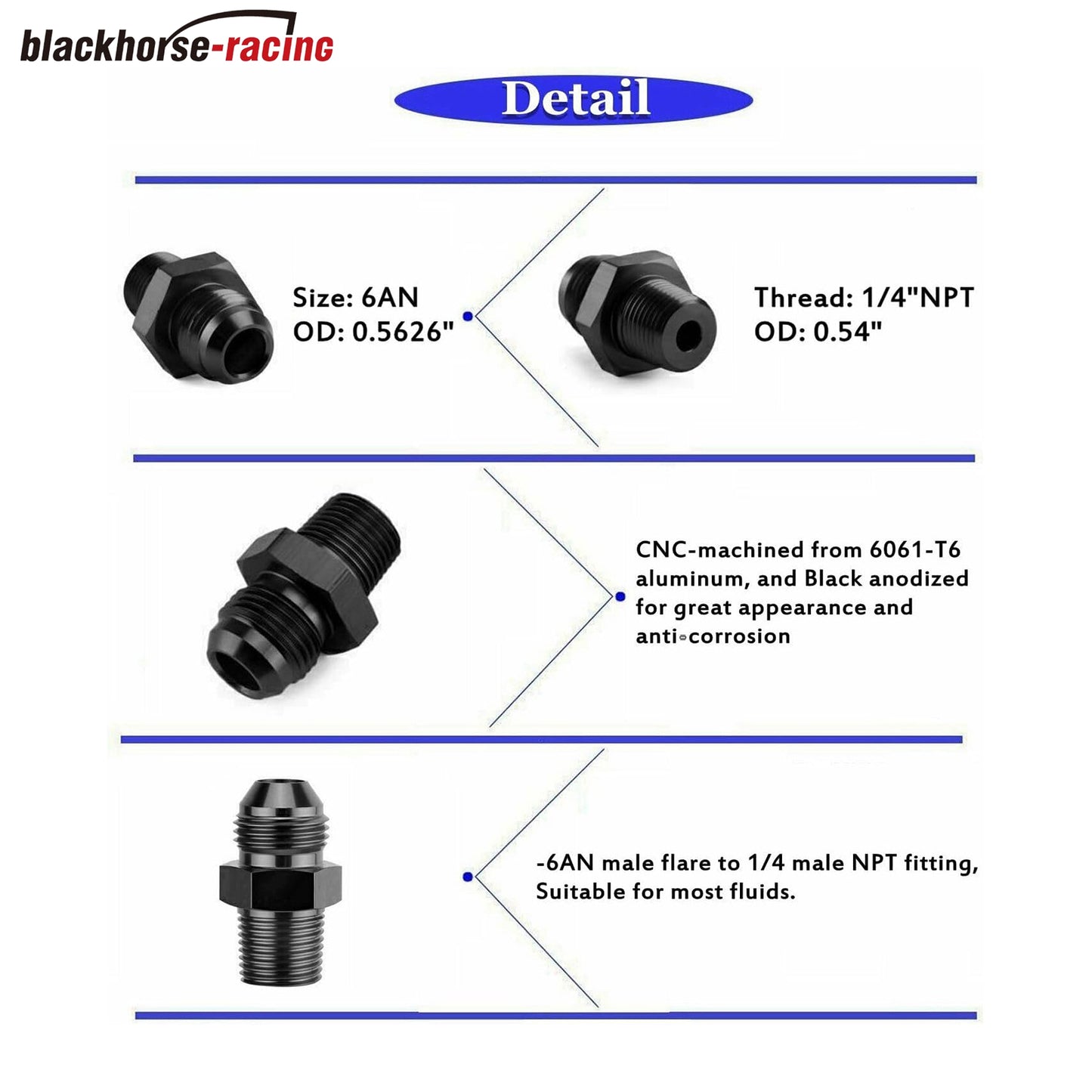 Black1/4 NPT to 6AN Adapter Straight Pipe Thread to 6 AN Flare Fitting