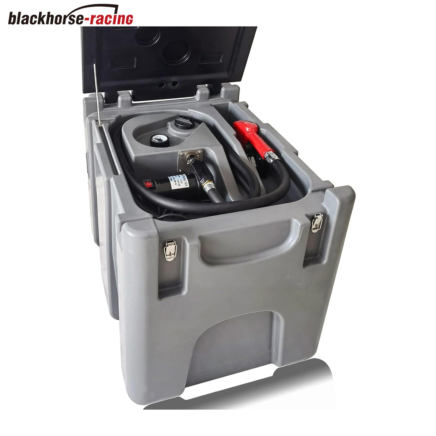 55 Gallon Portable Diesel Tank 12V 10GPM Electric Diesel Transfer Pump with Battery Clamps Auto Fuel Nozzle 13FT Hose with Lockable Cover, Grey