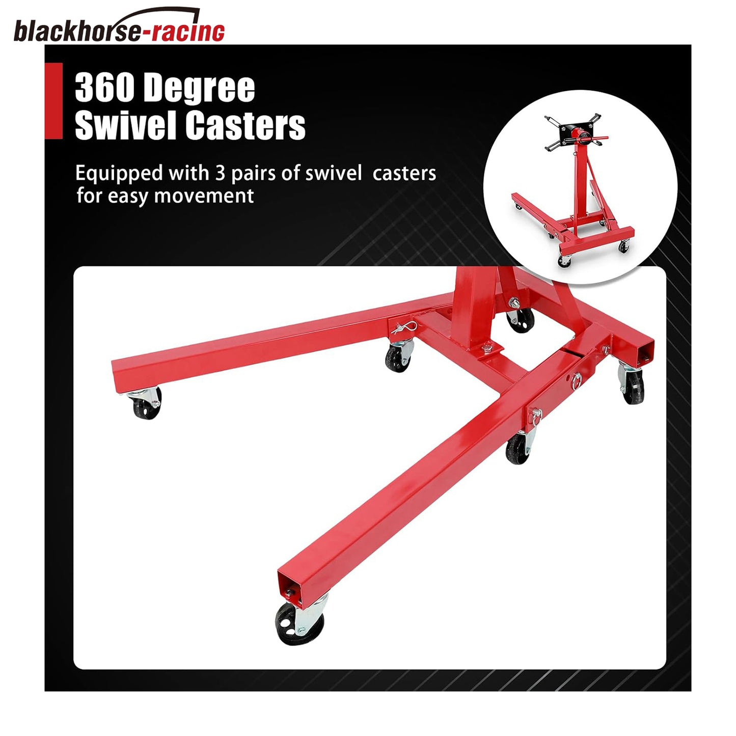 Engine Stand, 3000lbs Capacity Engine Motor Stand with 360 Degree Rotating Head, Heavy-Duty Foldable Engine Lift Stand with 6 Wheels, 4 Adjustable Arms, Red