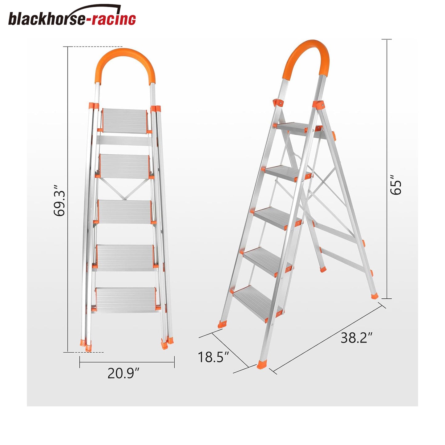 Folding Multi-Purpose Aluminum 5-Step Stool, Non Slip Rubber handrail, Portable Household Ladder