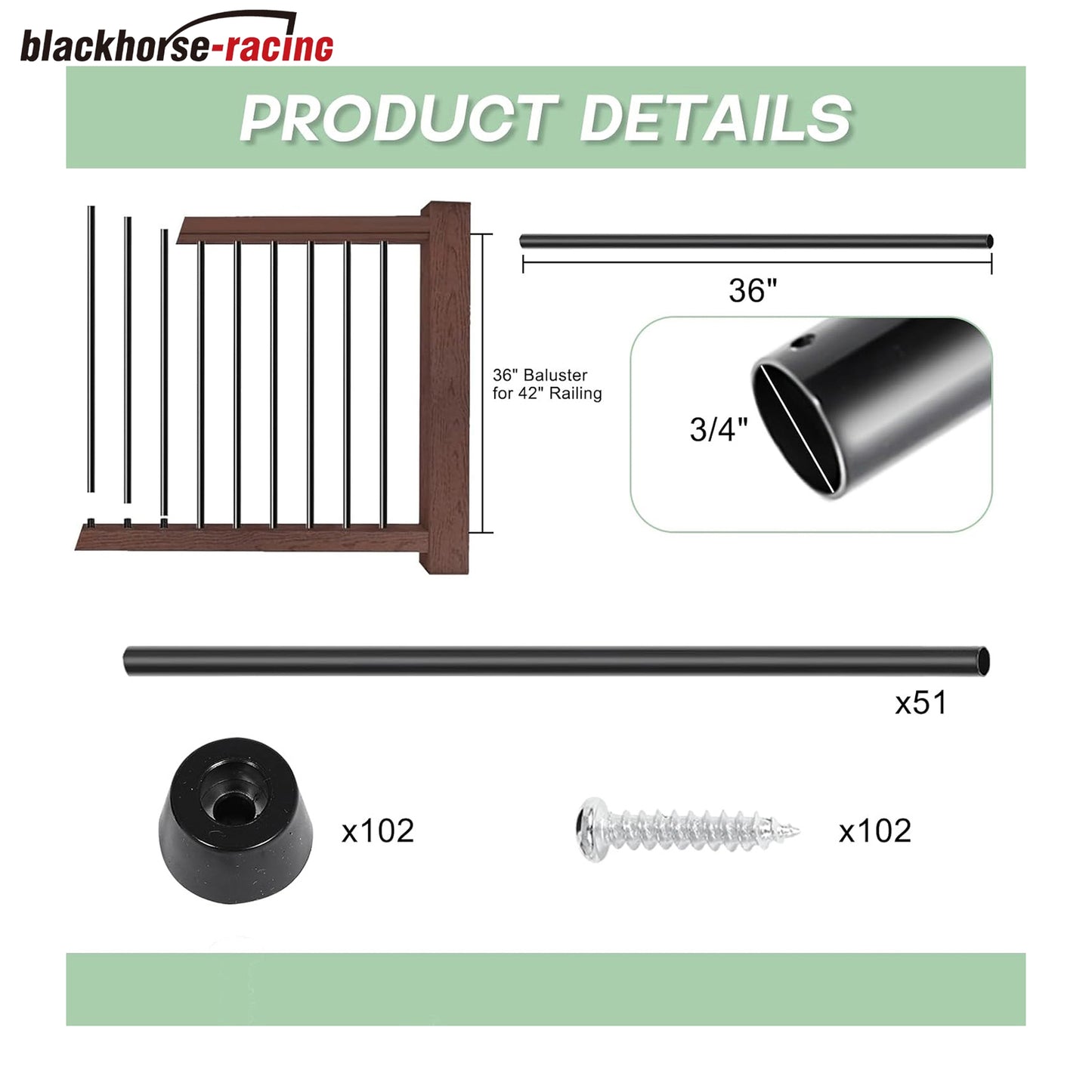 51 Pack 36 Inch Aluminum Deck Balusters 3/4" Diameter Hollow Round Balusters for Deck Railing Deck Spindles with Screws for Railing Fencing Balusters Staircase Spindles with Connectors