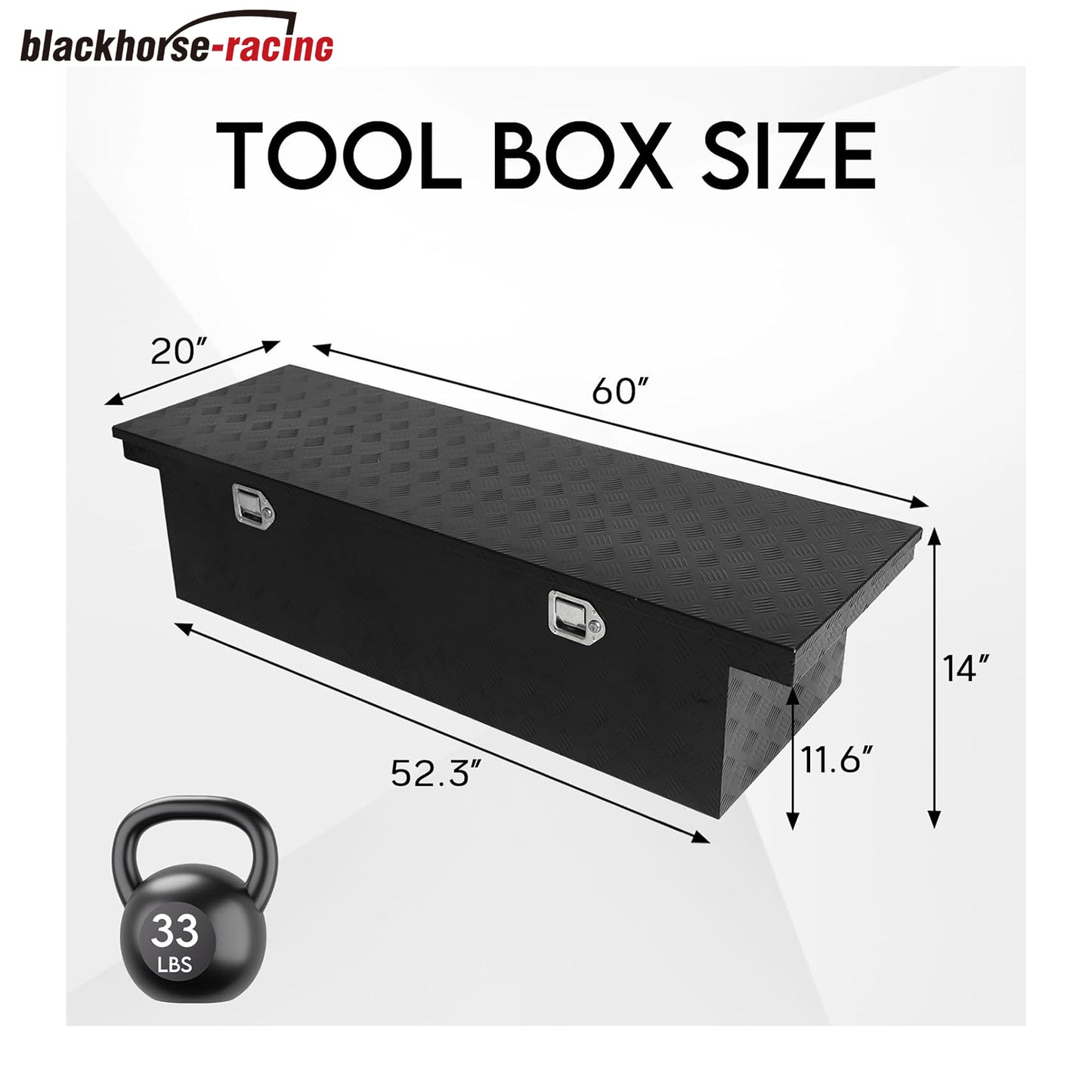 BLACKHORSE-RACING 60 Inch Heavy Duty Aluminum Stripes Plated Truck Tool Box,Underbody Tool Box Storage Trailer Tongue Box with Latch Lock Keys for RV, ATV, Pickup, Trailer-Black(60"x 20"x 14")