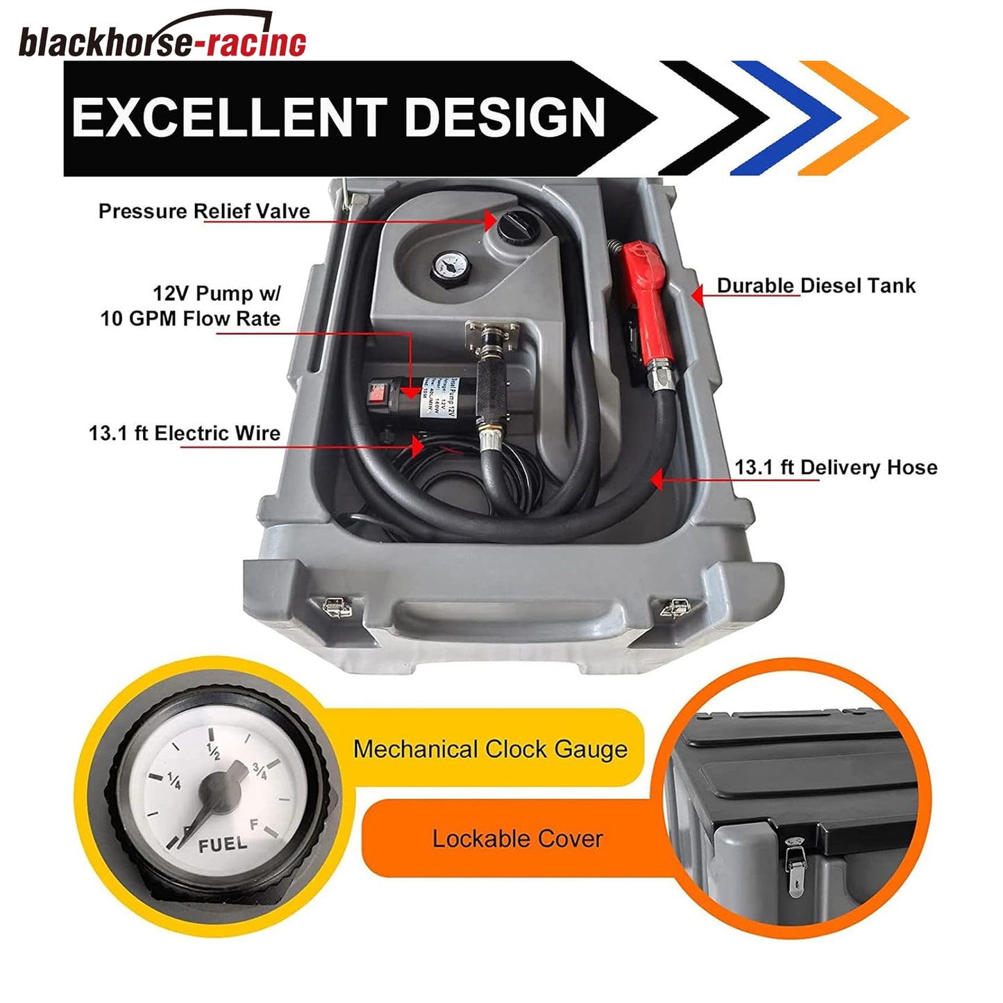 55 Gallon Portable Diesel Tank 12V 10GPM Electric Diesel Transfer Pump with Battery Clamps Auto Fuel Nozzle 13FT Hose with Lockable Cover, Grey