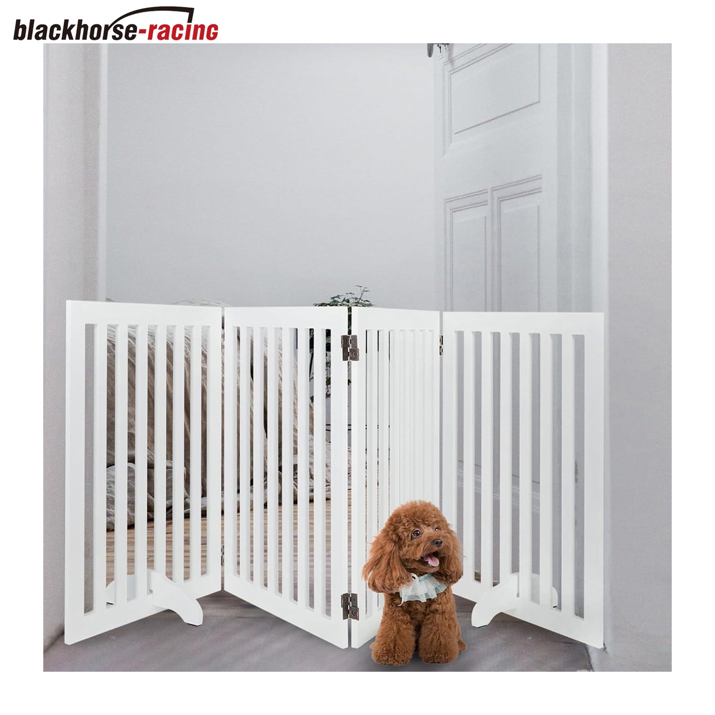 Dog Gate, 4 Panels Foldable Pet Gate with 2PCS Support Feet, 36" Height Dog Fence Wooden Pet Gates for House Doorways Indoor Outdoor Stairs with Rubber Pads White