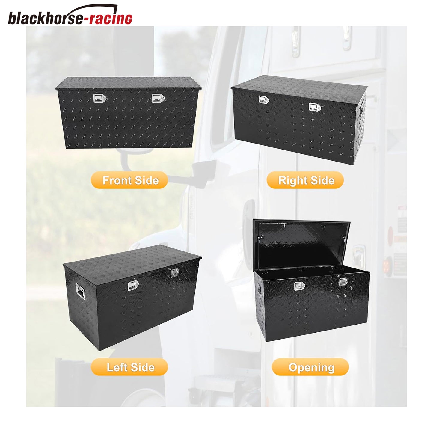 Black 48 Inch Truck Chest Tool box Heavy Duty Aluminum Stripes Plated Pick Up Truck Bed Box RV Trailer Toolbox Storage Waterproof with Side Handle and Lock Keys –48"x24"x24"