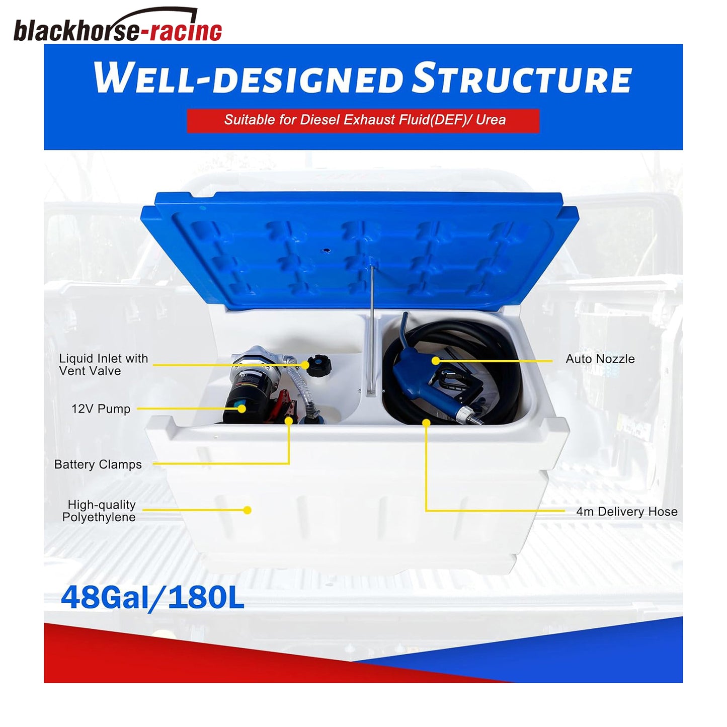 48 Gallon Portable Diesel Exhaust Fluid DEF Tranfer Tank with 12V DC 10GPM Electric Pump, Auto Fueling Nozzle, 13FT Hose, Lockable Lid