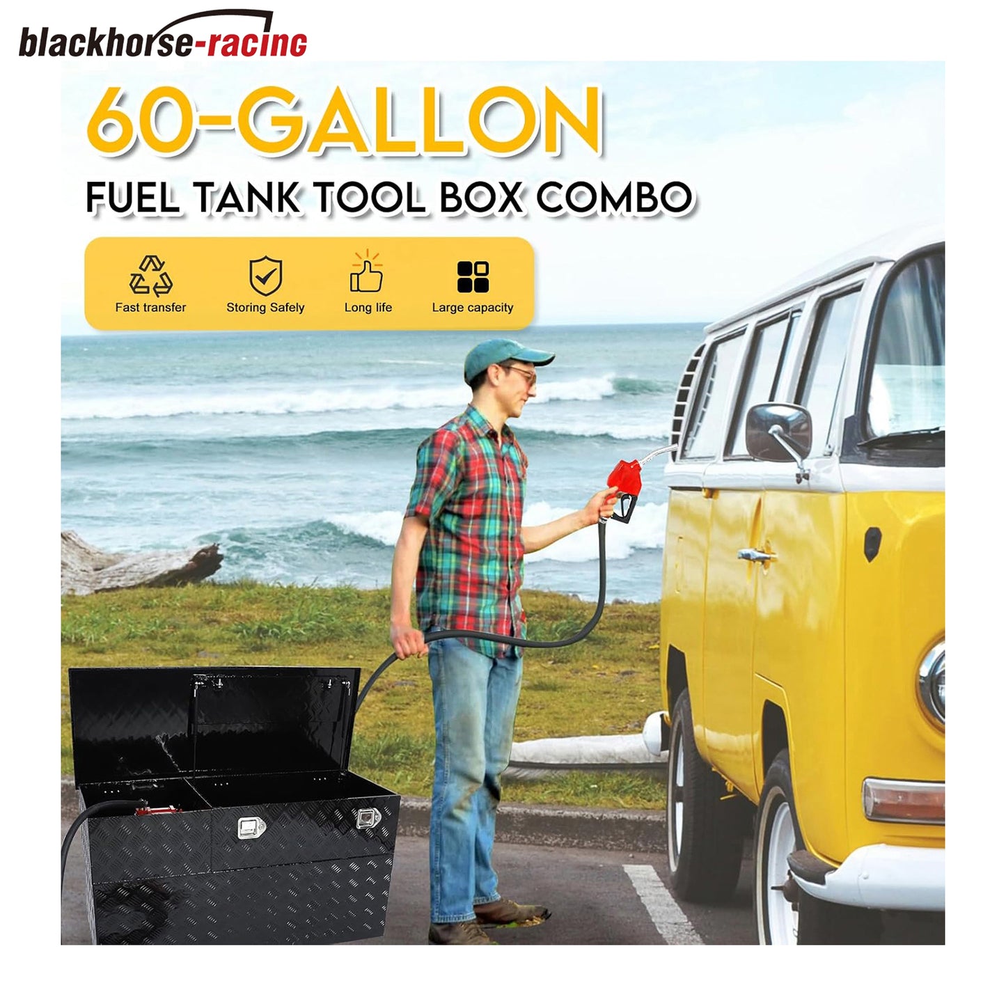 60-Gal Aluminum Transfer Fuel Tank Toolbox Combo/Auxiliary Gasoline Diesel Fuel Transfer Tank,10GPM with Drive Side Pump-Black