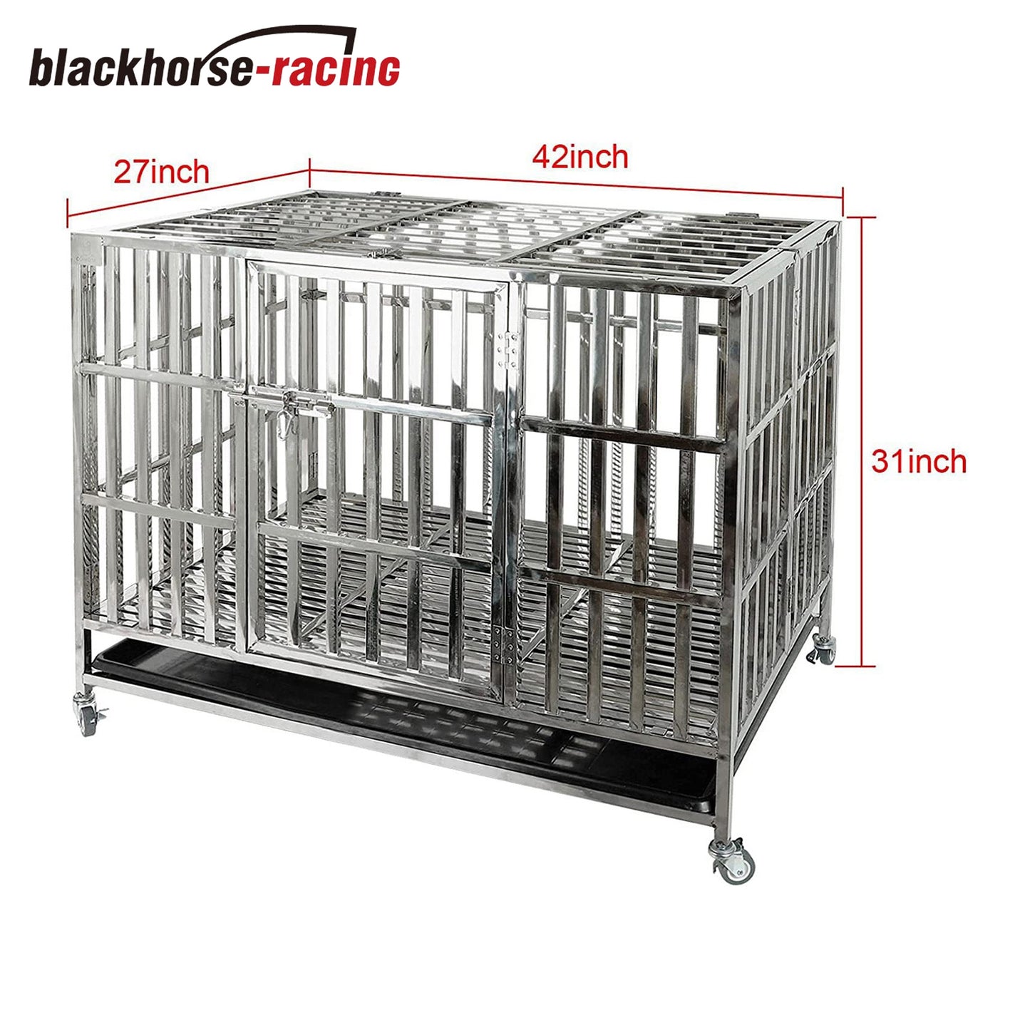 42" Heavy Duty Stainless Steel Dog Cage Kennel Crate and Playpen for Training Large Dog Indoor Outdoor with Double Doors & Locks Design Included Lockable Wheels Removable Tray No Screw
