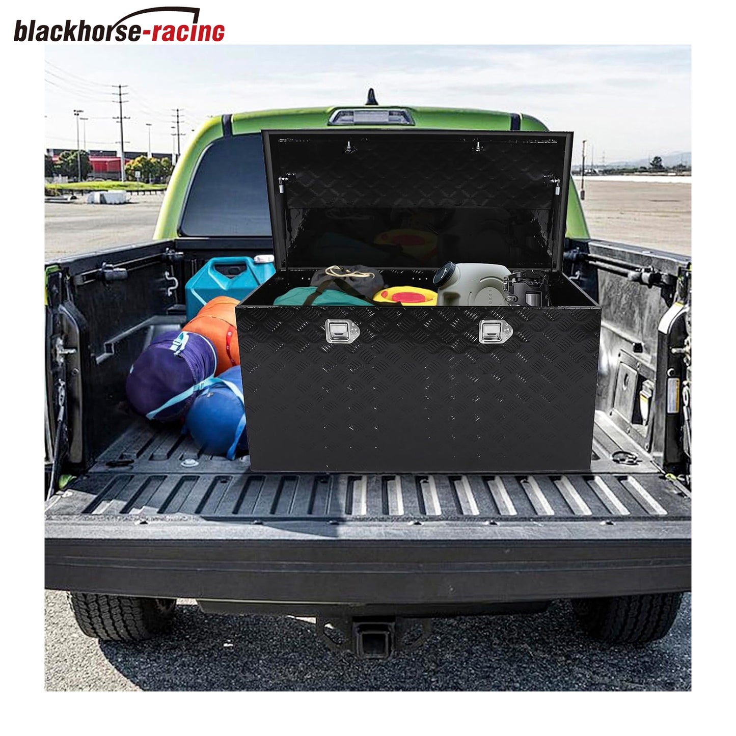 Black 48 Inch Truck Chest Tool box Heavy Duty Aluminum Stripes Plated Pick Up Truck Bed Box RV Trailer Toolbox Storage Waterproof with Side Handle and Lock Keys –48"x24"x24"