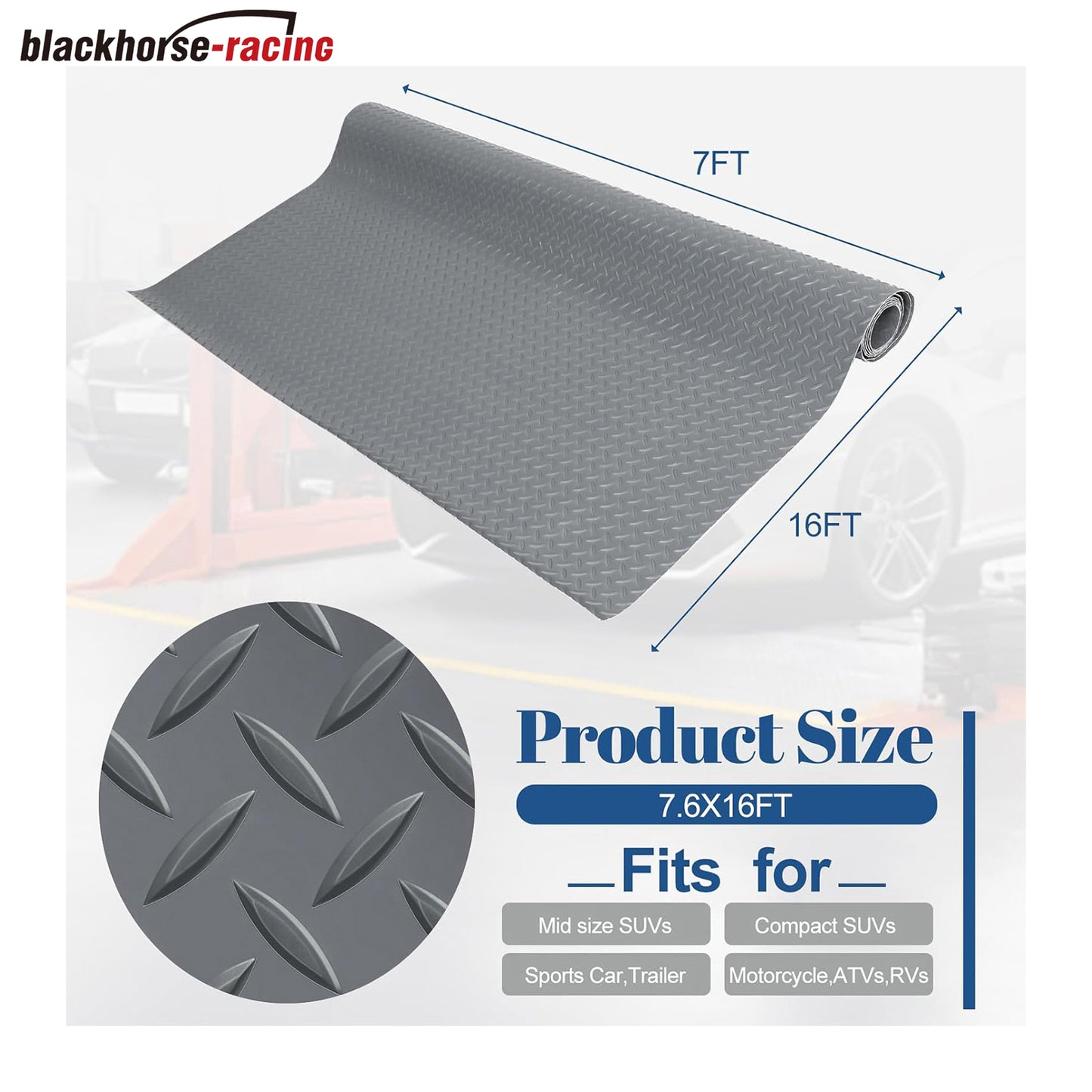 7.5 x 16 FT Garage Floor Mats - Slip Resistant Grip, Water & Stain Resistant PVC Mat for SUVs, RV Trailer,Truck,Pickup.2.8mm Thickened Diamond Plate Flooring Roll for Under Car,Parking Mats
