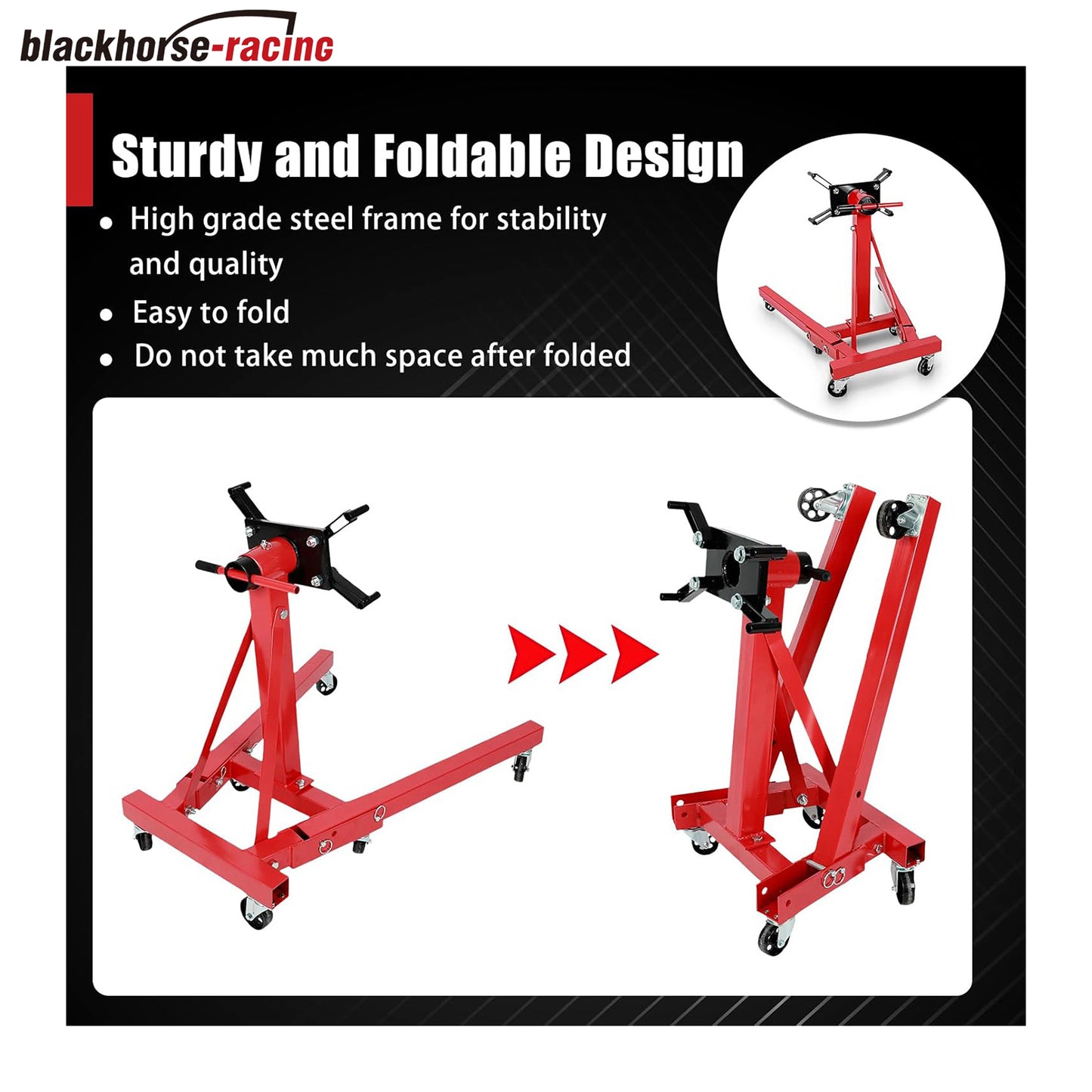 Engine Stand, 3000lbs Capacity Engine Motor Stand with 360 Degree Rotating Head, Heavy-Duty Foldable Engine Lift Stand with 6 Wheels, 4 Adjustable Arms, Red