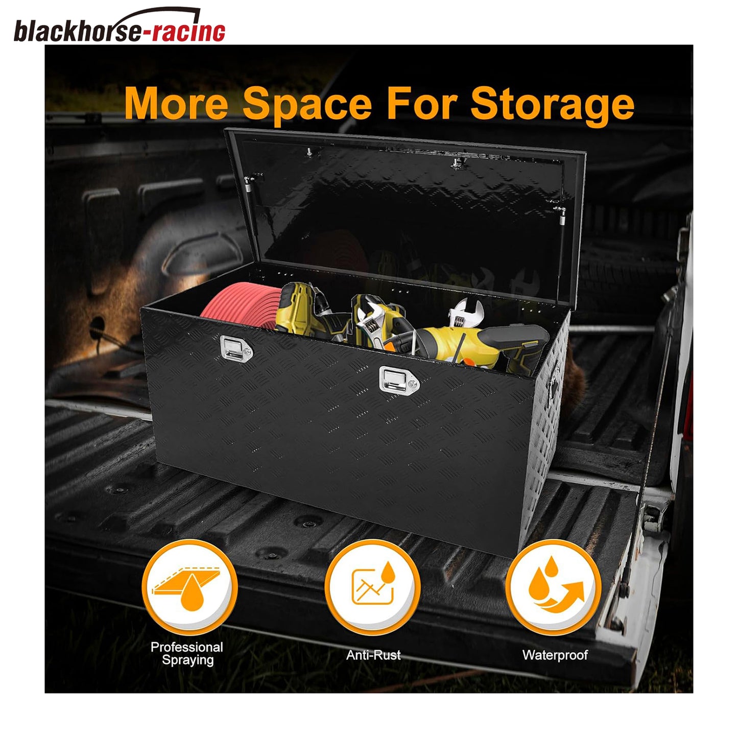 Black 48 Inch Truck Chest Tool box Heavy Duty Aluminum Stripes Plated Pick Up Truck Bed Box RV Trailer Toolbox Storage Waterproof with Side Handle and Lock Keys –48"x24"x24"