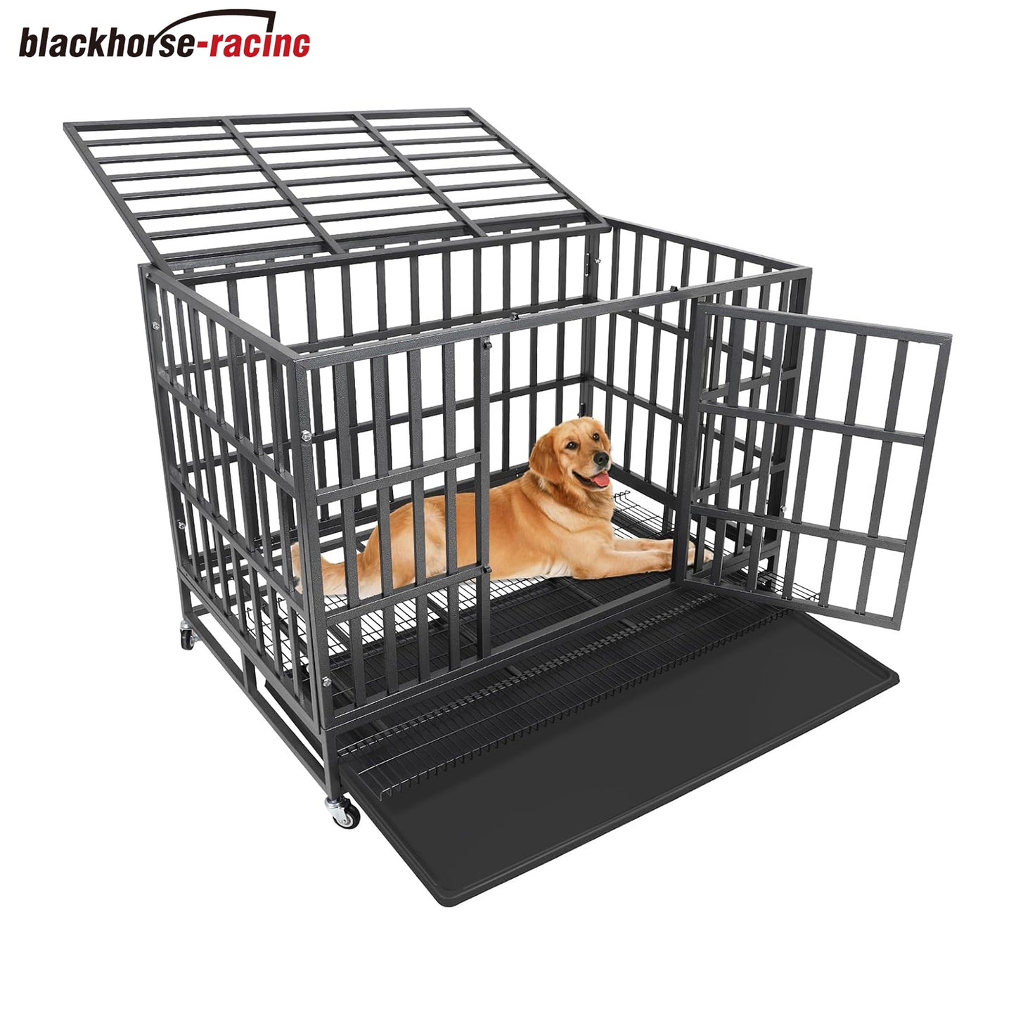 47 Inch Heavy Duty Dog Crate, Escape-Proof Metal Kennel for Large Dogs with 2 Doors, Lockable Wheels & Tray, Indoor/Outdoor Use