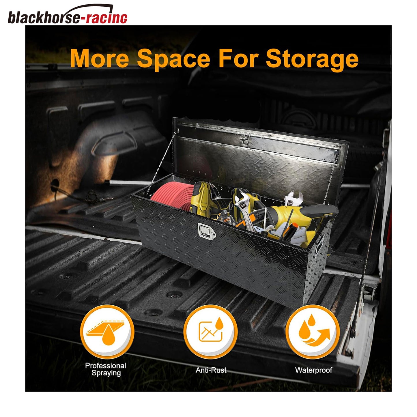 Black 44 Inch Truck Chest Tool box Heavy Duty Aluminum Stripes Plated Pick Up Truck Bed Box Waterproof RV Trailer Toolbox Storage with Side Handle and Lock Keys –44"x15"x15"