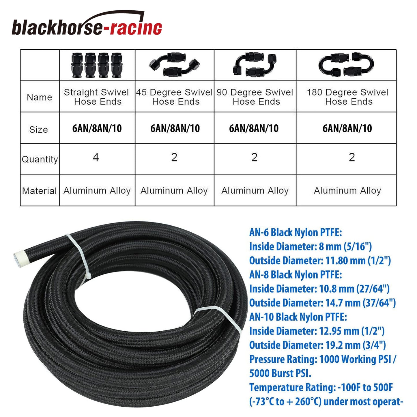 8AN 20FT PTFE Fuel Line Hose Kit,E85 Stainless Steel Nylon Braided Fuel Hose 20FT with 10PCS Swivel Fuel Hose Fitting Adapter Kit - Black
