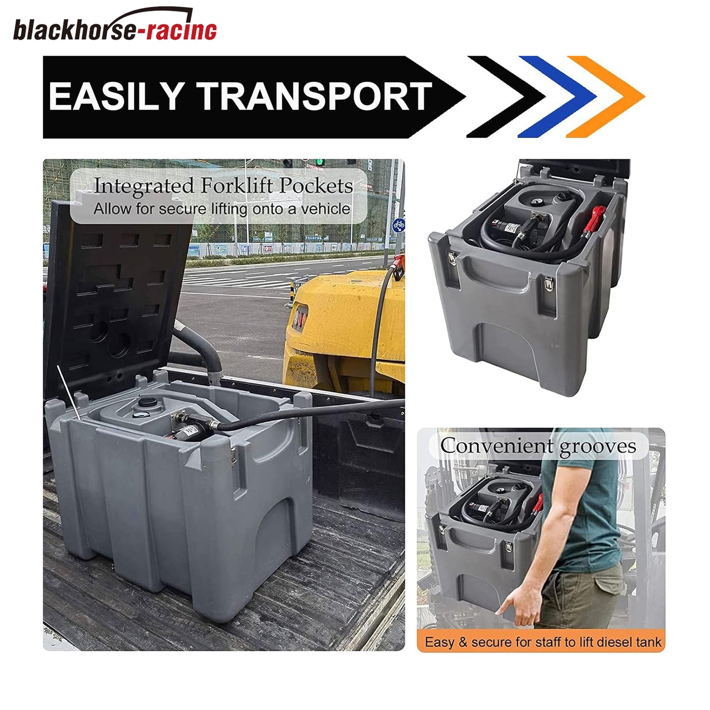 55 Gallon Portable Diesel Tank 12V 10GPM Electric Diesel Transfer Pump with Battery Clamps Auto Fuel Nozzle 13FT Hose with Lockable Cover, Grey