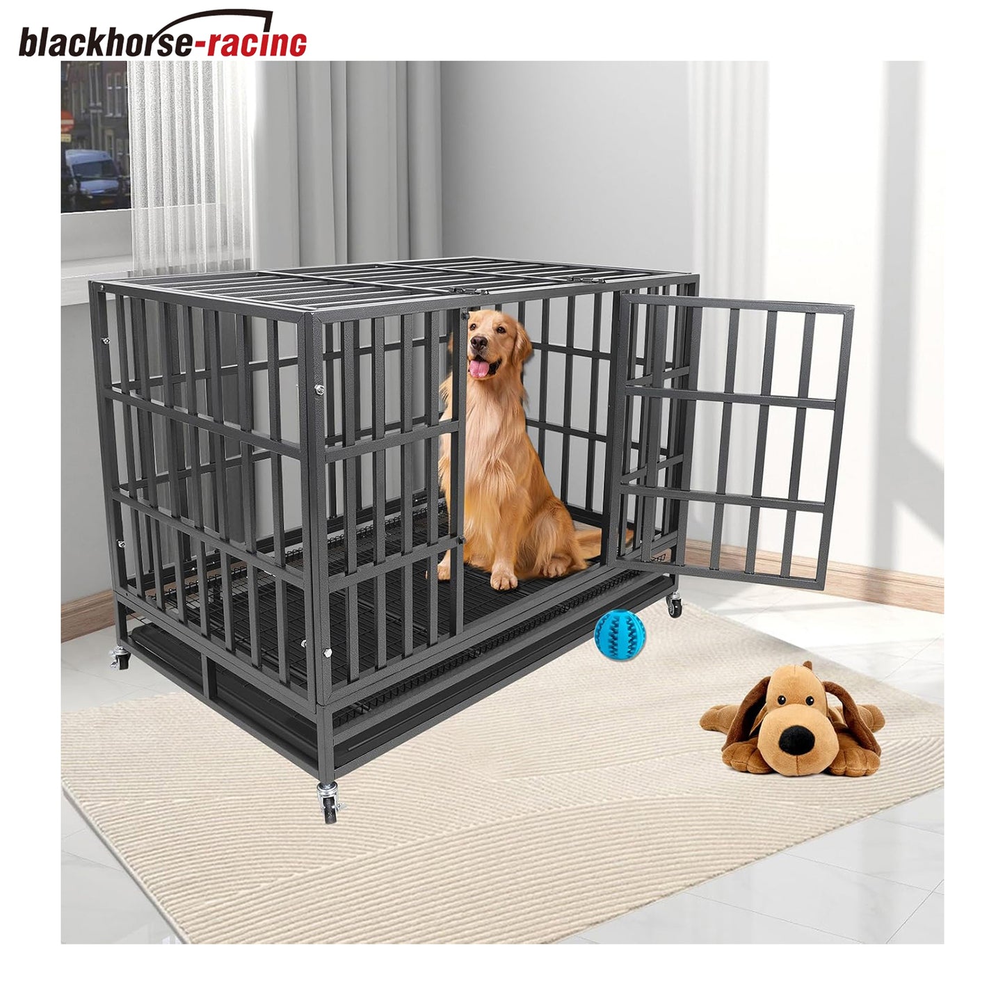 47 Inch Heavy Duty Dog Crate, Escape-Proof Metal Kennel for Large Dogs with 2 Doors, Lockable Wheels & Tray, Indoor/Outdoor Use