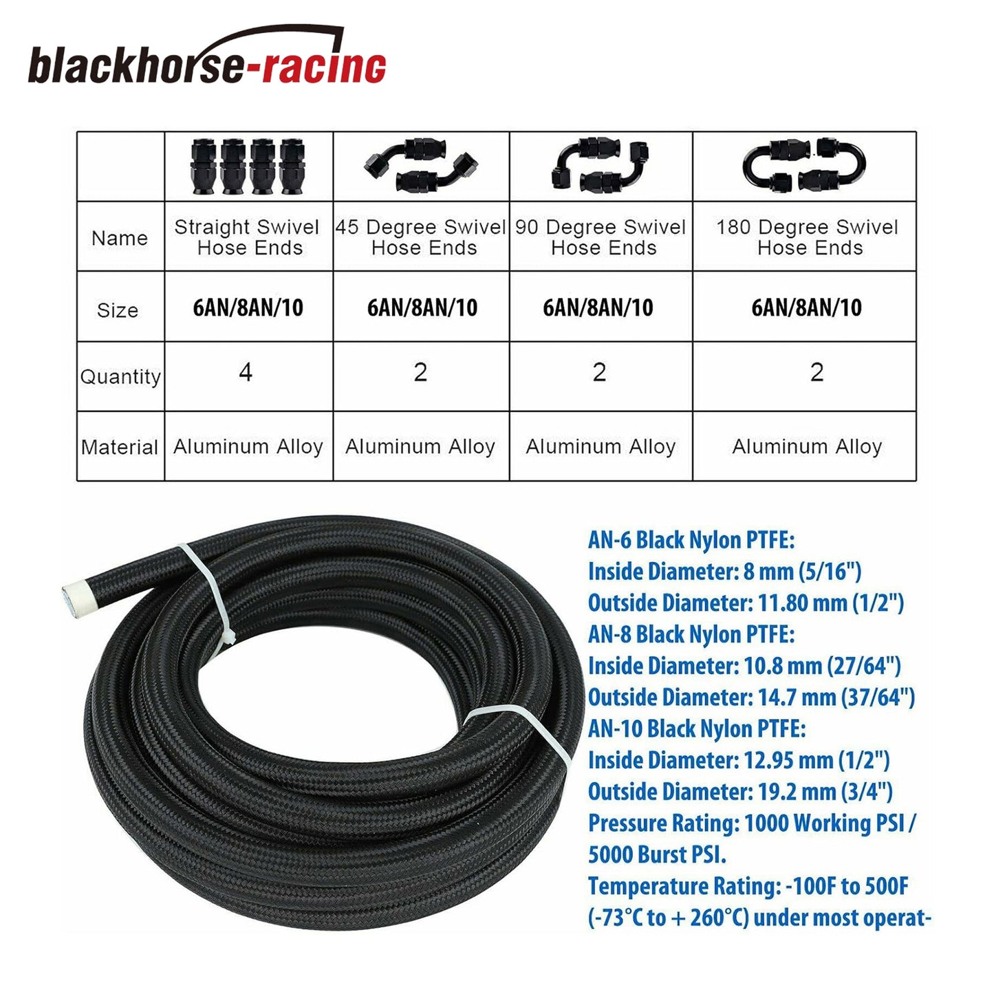 6AN 20FT Fuel Line Kit PTFE E85 Hose Stainless Steel Braided High Pressure Fuel Line 20FT with 10pcs Swivel Fuel Hose Fitting Adapters Kit