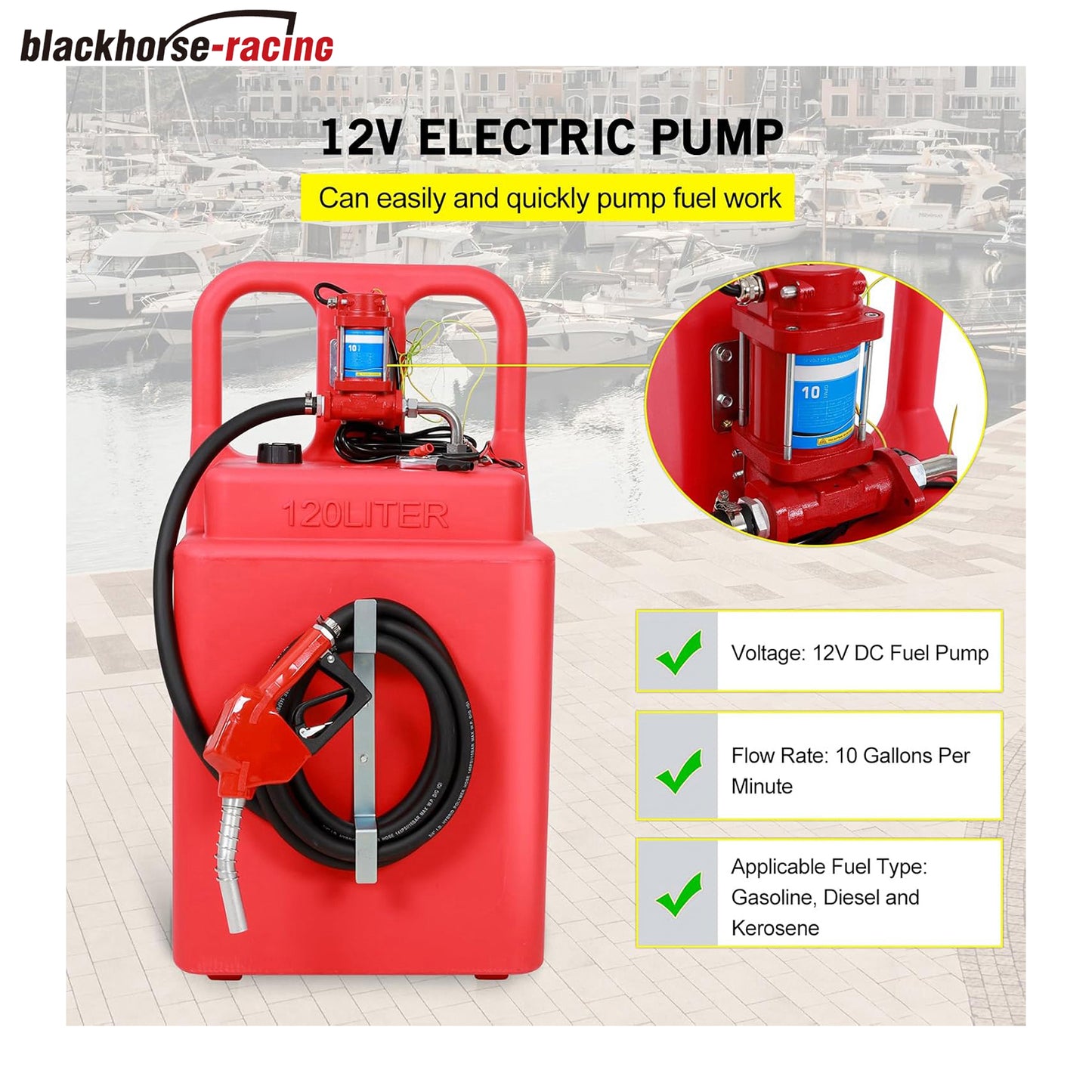 asoline Diesel Fuel Caddy Tank 32 Gallon, Portable Fuel Transfer Tank for Diesel & Gasoline with 12V 10GPM Electric Transfer Pump, Auto Fueling Nozzle, 13ft Hose, Sturdy Wheels