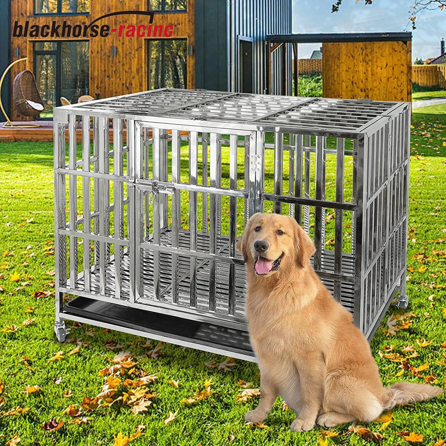 42" Heavy Duty Stainless Steel Dog Cage Kennel Crate and Playpen for Training Large Dog Indoor Outdoor with Double Doors & Locks Design Included Lockable Wheels Removable Tray No Screw