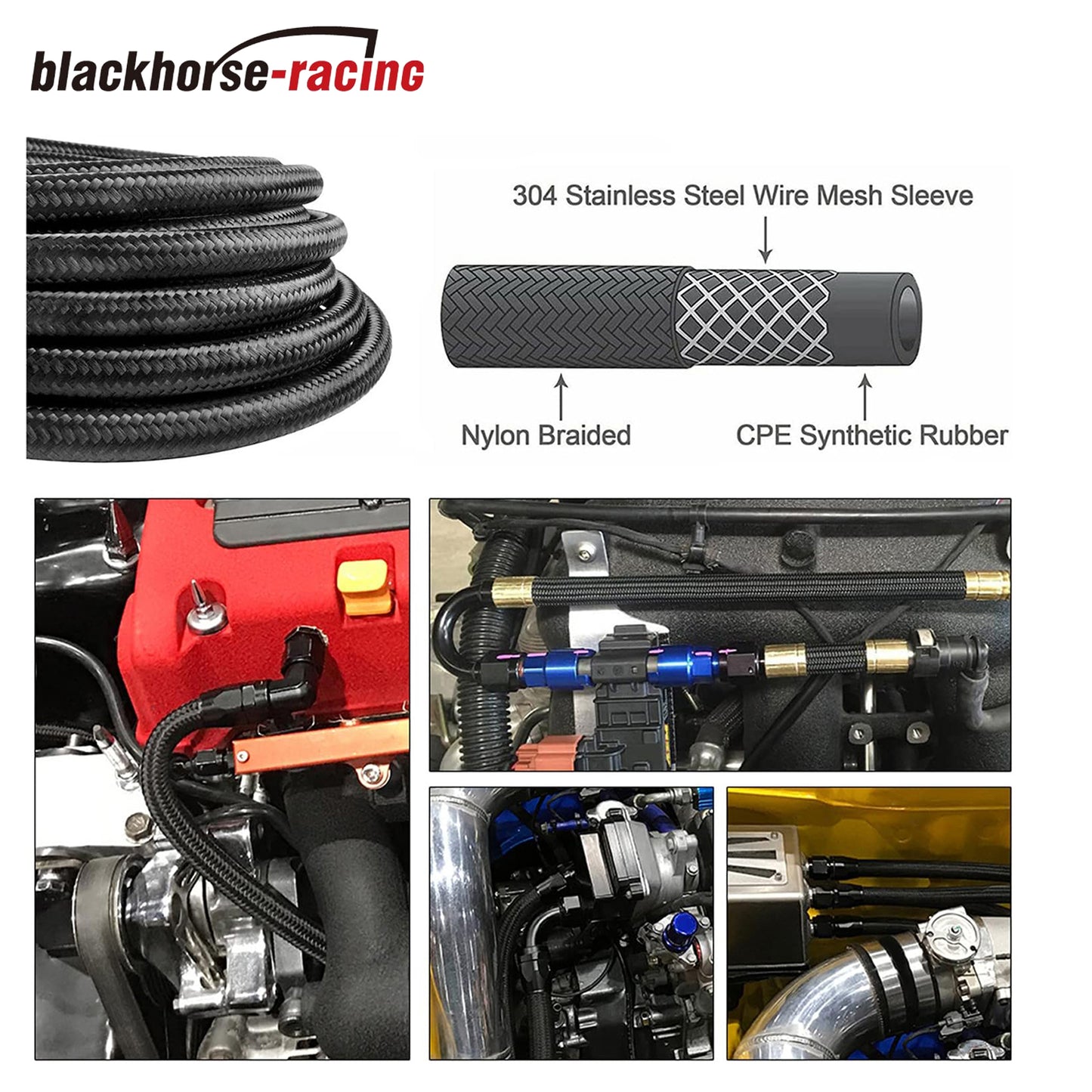 6AN 5Feet Stainless Steel Nylon Braided Fuel Line Hose Oil Gas Hose Oil Line Hose Black