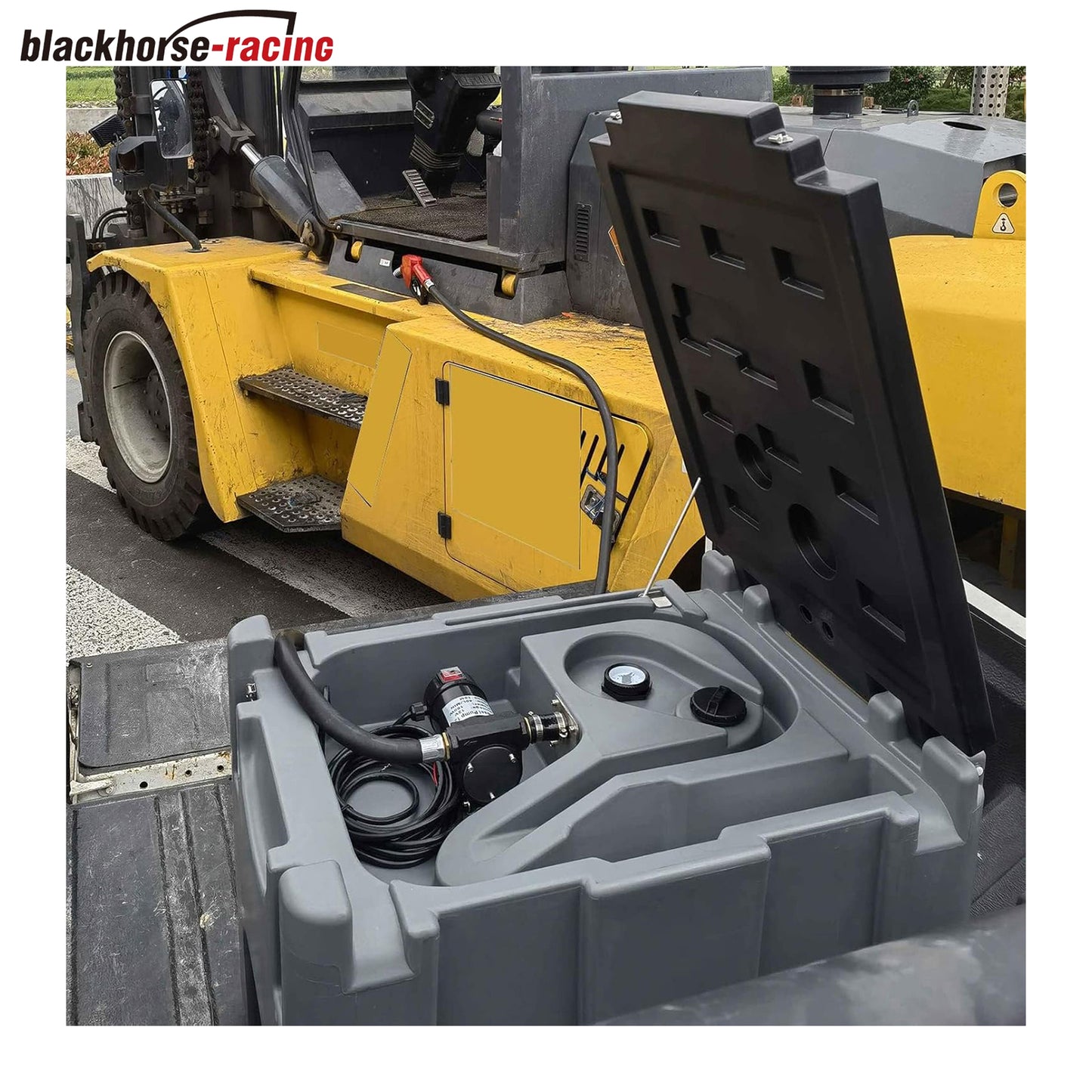 55 Gallon Portable Diesel Tank 12V 10GPM Electric Diesel Transfer Pump with Battery Clamps Auto Fuel Nozzle 13FT Hose with Lockable Cover, Grey