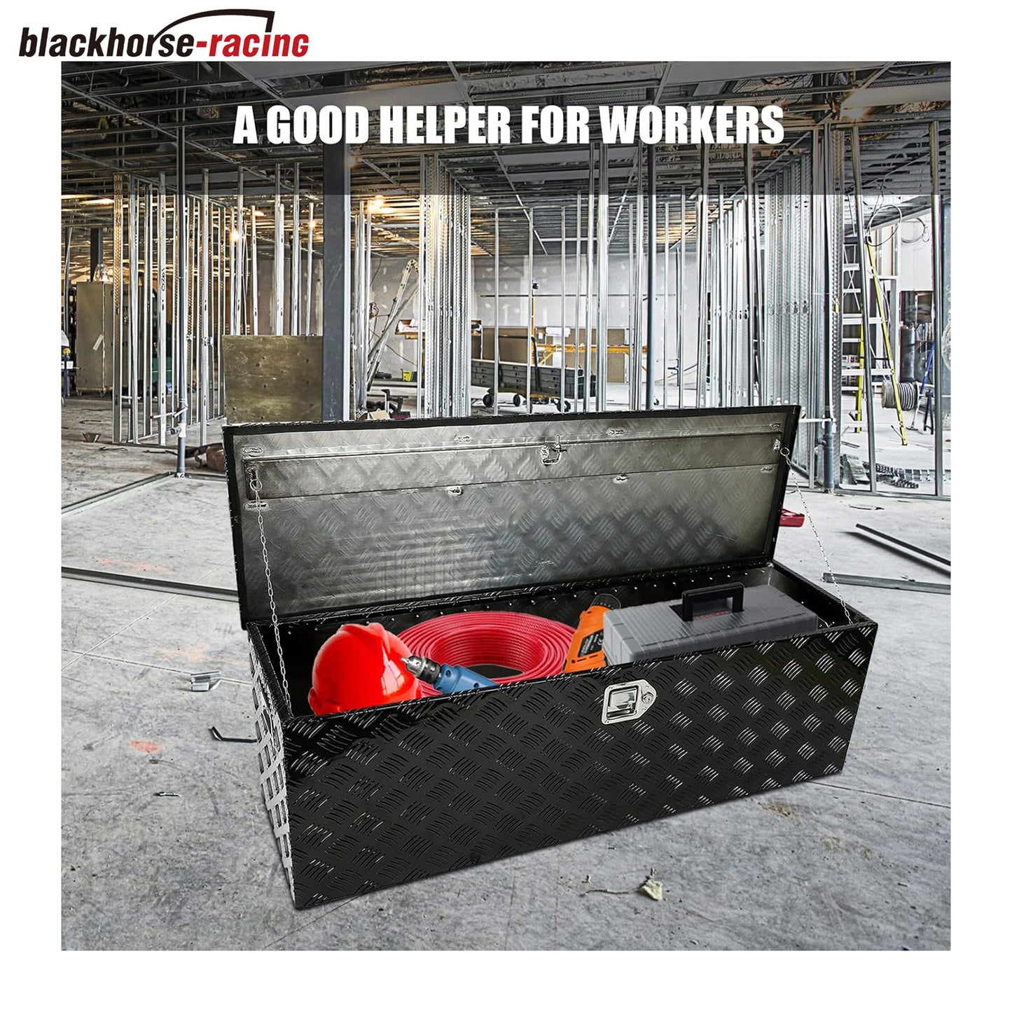 49" Heavy Duty Aluminum Stripes Plated Tool Box Pick Up Truck Bed RV Trailer Toolbox Waterproof Square Storage Organizer with Side Handle, Lock with Keys -49"x 15"x 15",Black