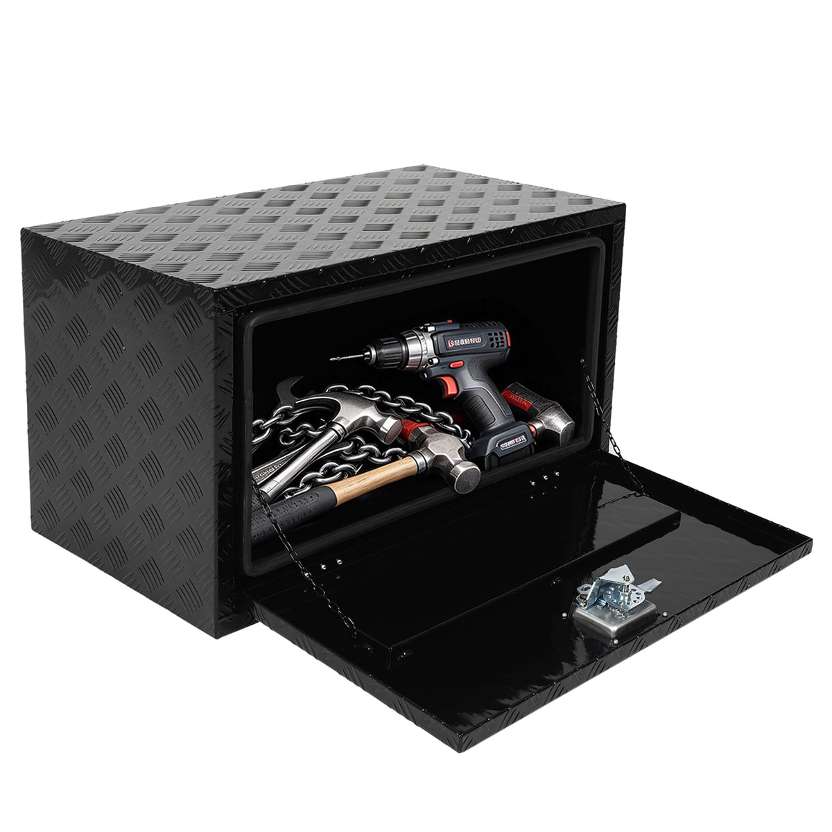 
                  
                    30-inch toolbox storage container with lock and key – suitable for pickup trucks, RVs, trailers, and heavy-duty waterproof black boxes.
                  
                