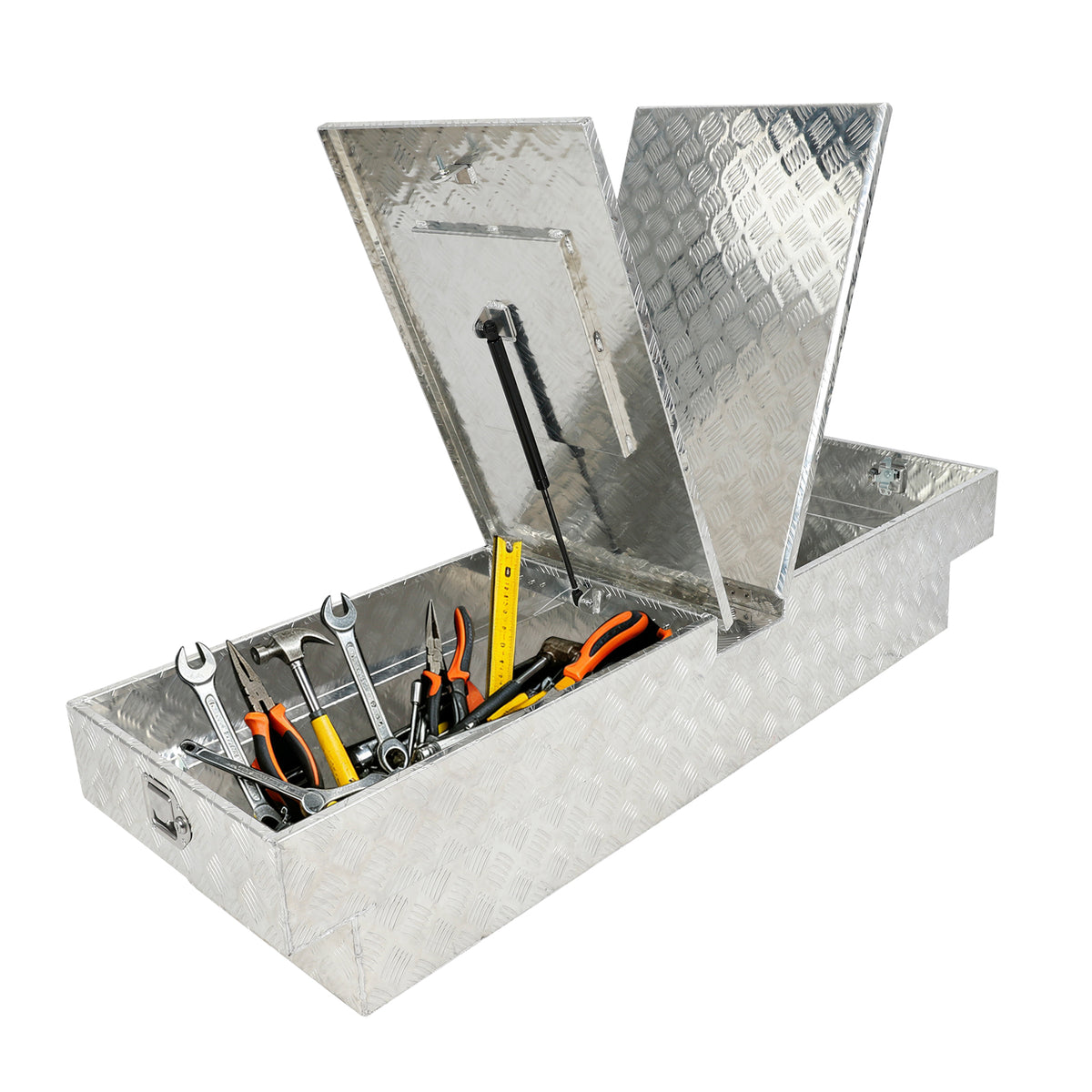 
                  
                    Heavy-duty aluminum striped pickup truck tool box – aluminum striped storage container suitable for pickup trucks, RVs, and trailers; dimensions: 70 × 20 × 13 inches (approx. 177.8 × 50.8 × 33.0 cm); includes lock and key (silver).
                  
                