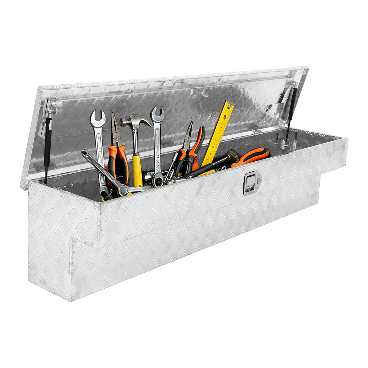 
                  
                    Side Mount Truck Tool Box 60"X8"X14" Aluminum Pickup Truck Bed Tool Box Trailer Storage with Lock Key 5 Bar Tread-Silver
                  
                
