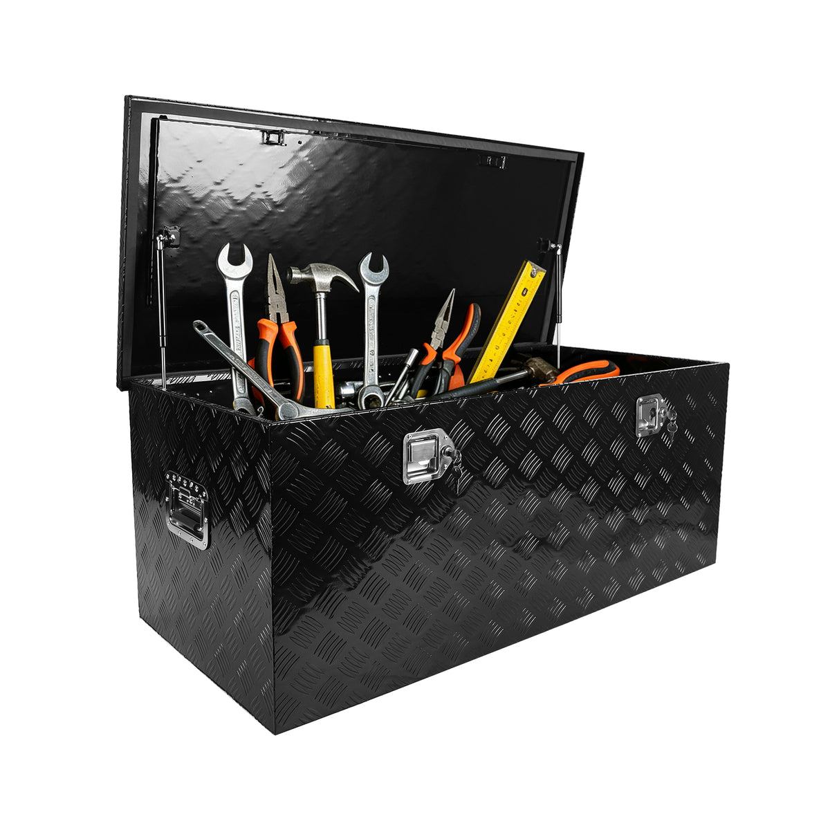 
                  
                    Heavy-duty aluminum striped lathe toolbox with side handle lock and key; 48 × 19.5 × 17.5 inches (approximately 122.9 × 49.5 cm) waterproof storage shelf
                  
                