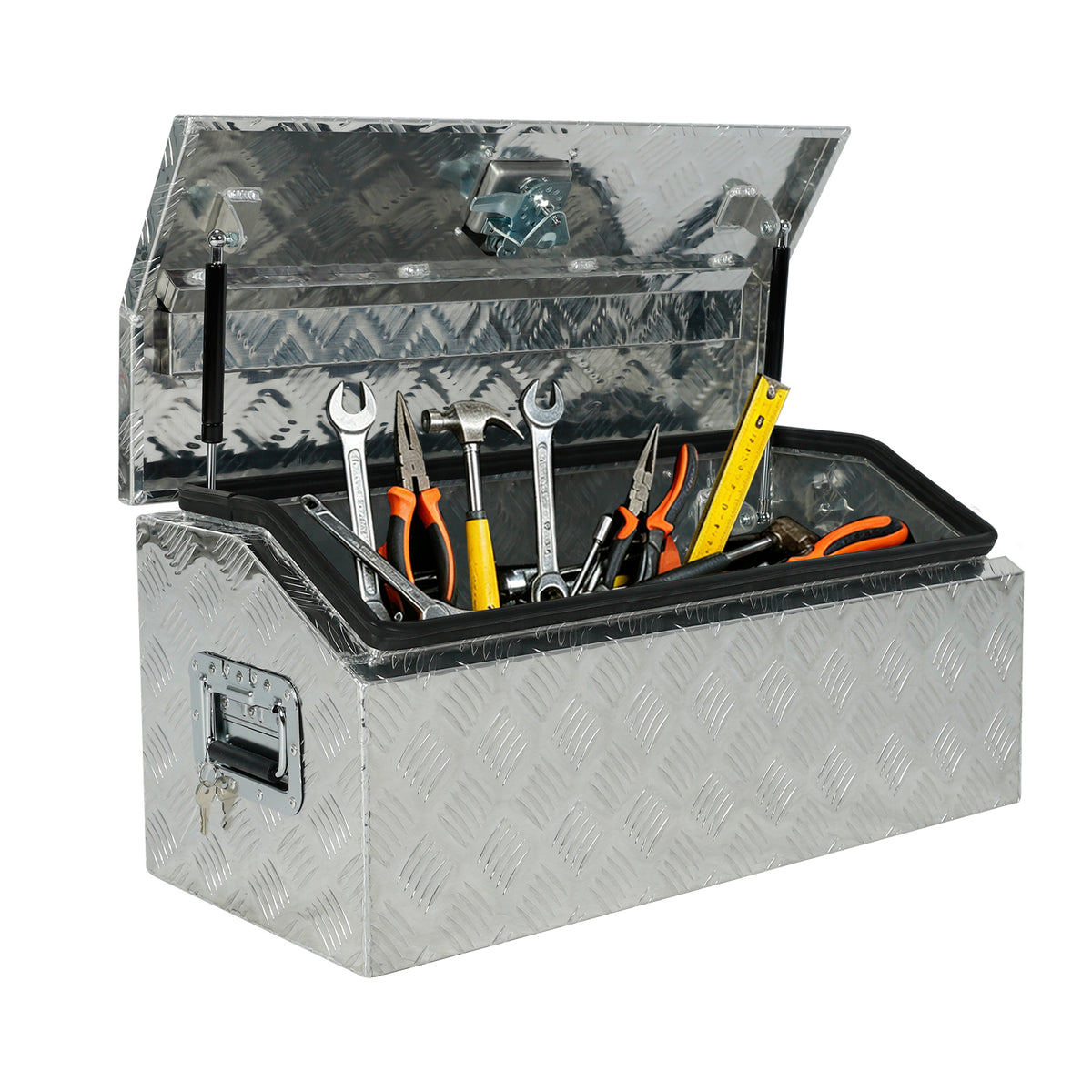 
                  
                    30-inch (approximately 76.2 cm) heavy-duty aluminum truck toolbox with dome lid, designed for retrieving RV trailers; the toolbox includes a lock and key; waterproof – Silver
                  
                