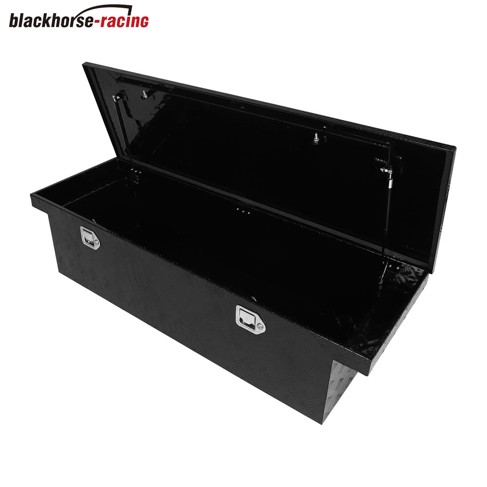 BLACKHORSE-RACING 60 Inch Heavy Duty Aluminum Stripes Plated Truck Tool Box，Underbody Tool Box Storage Trailer Tongue Box with Latch Lock Keys for RV, ATV, Pickup, Trailer-Black（60