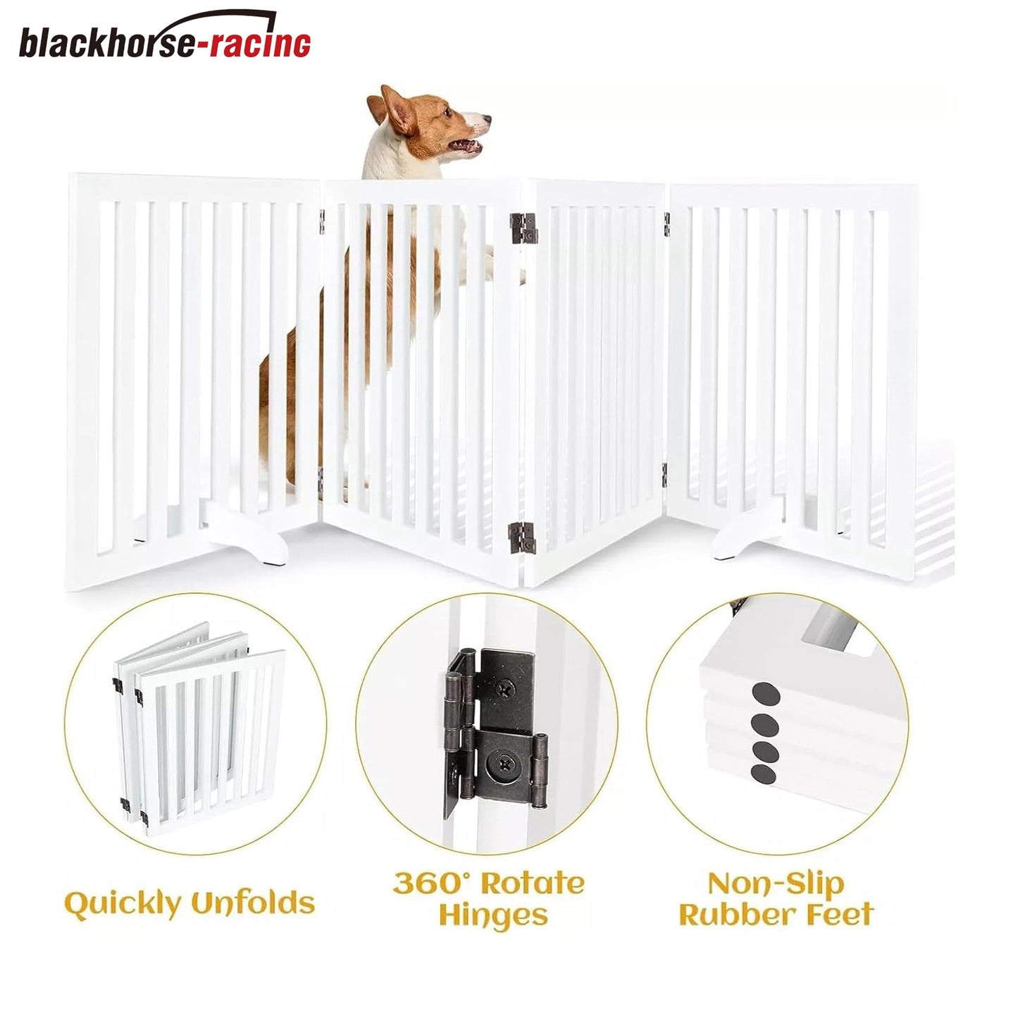 
                  
                    Wooden Freestanding Foldable Dog Gate, 24 inch 4 Panels, Step Over Safety Fence for Doorways, House, Stairs, Foldable Pet Gate w/ 2PCS Support Feet
                  
                