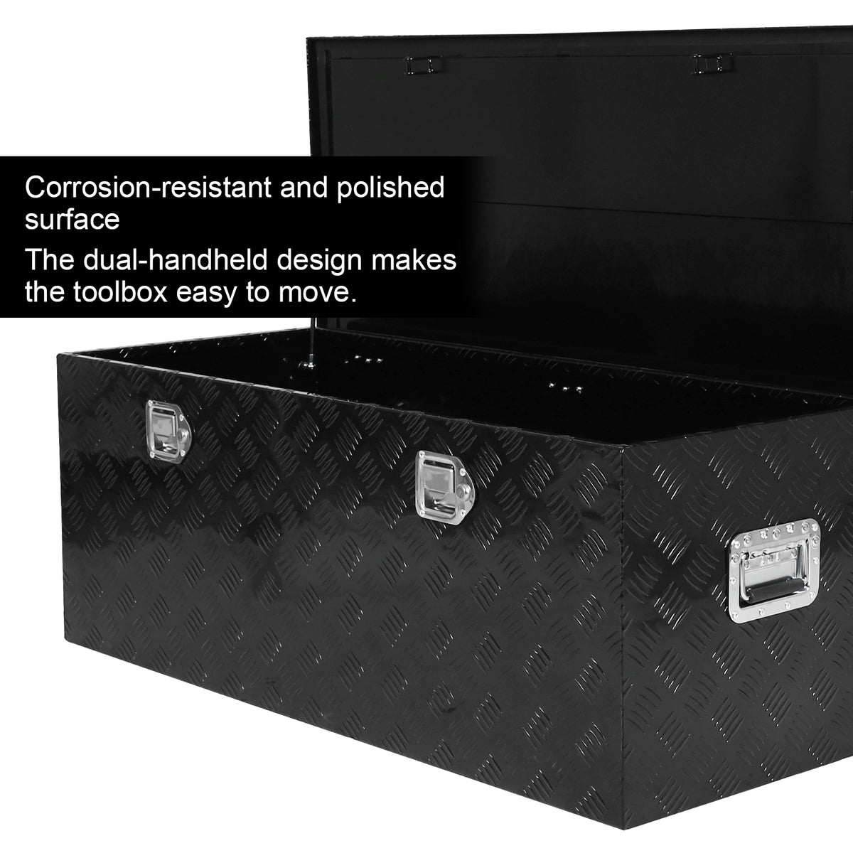 
                  
                    Heavy-duty aluminum striped lathe toolbox with side handle lock and key; 48 × 19.5 × 17.5 inches (approximately 122.9 × 49.5 cm) waterproof storage shelf
                  
                