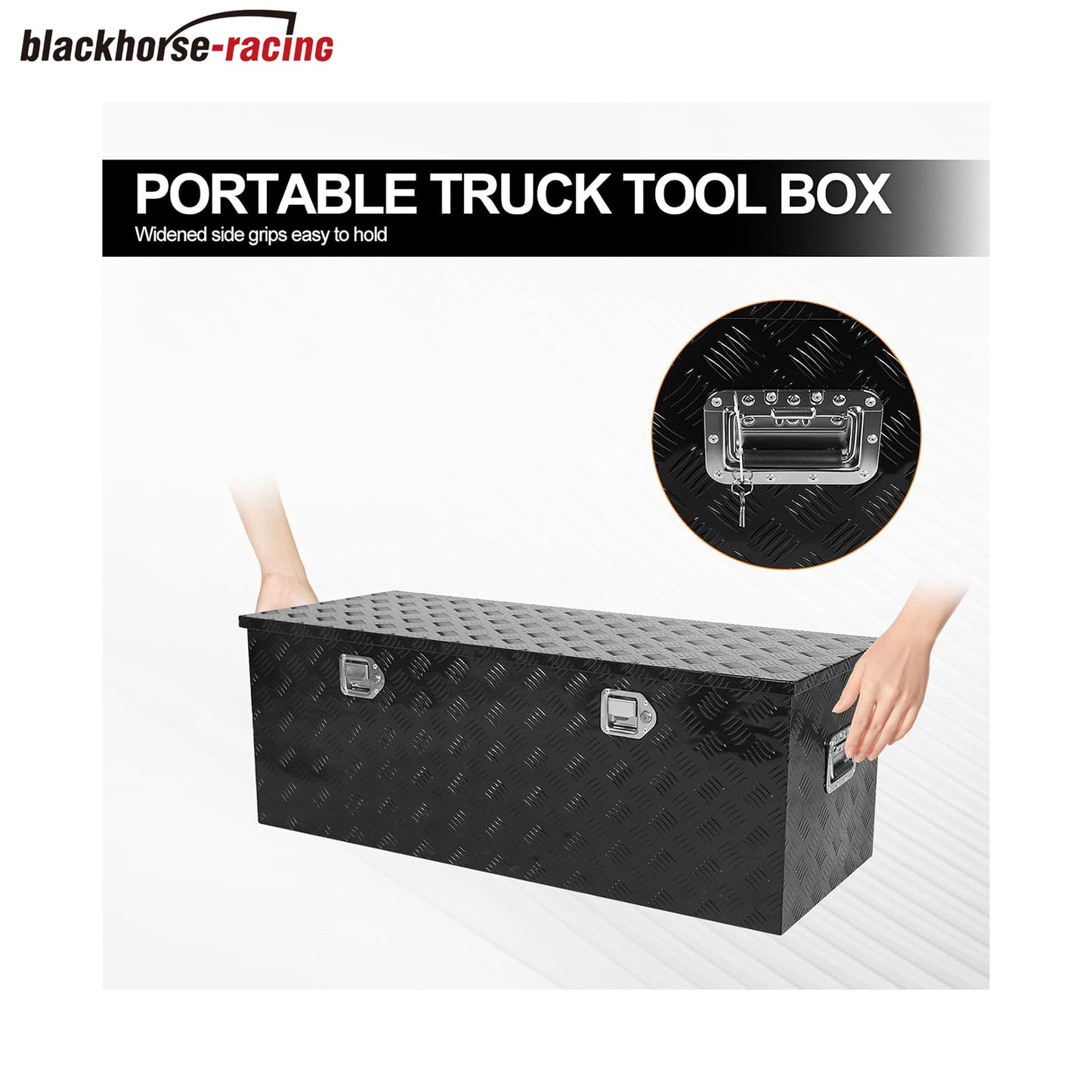 
                  
                    Heavy-duty aluminum striped lathe toolbox with side handle lock and key; 48 × 19.5 × 17.5 inches (approximately 122.9 × 49.5 cm) waterproof storage shelf
                  
                