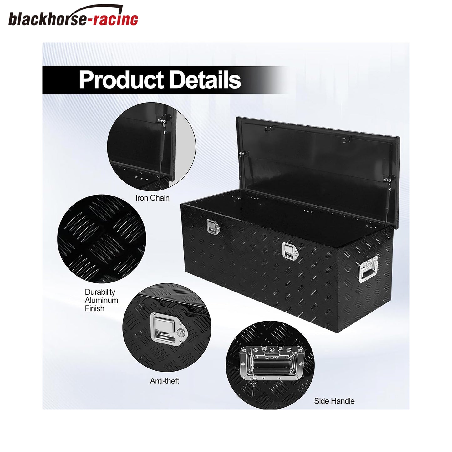 
                  
                    Heavy-duty aluminum striped lathe toolbox with side handle lock and key; 48 × 19.5 × 17.5 inches (approximately 122.9 × 49.5 cm) waterproof storage shelf
                  
                