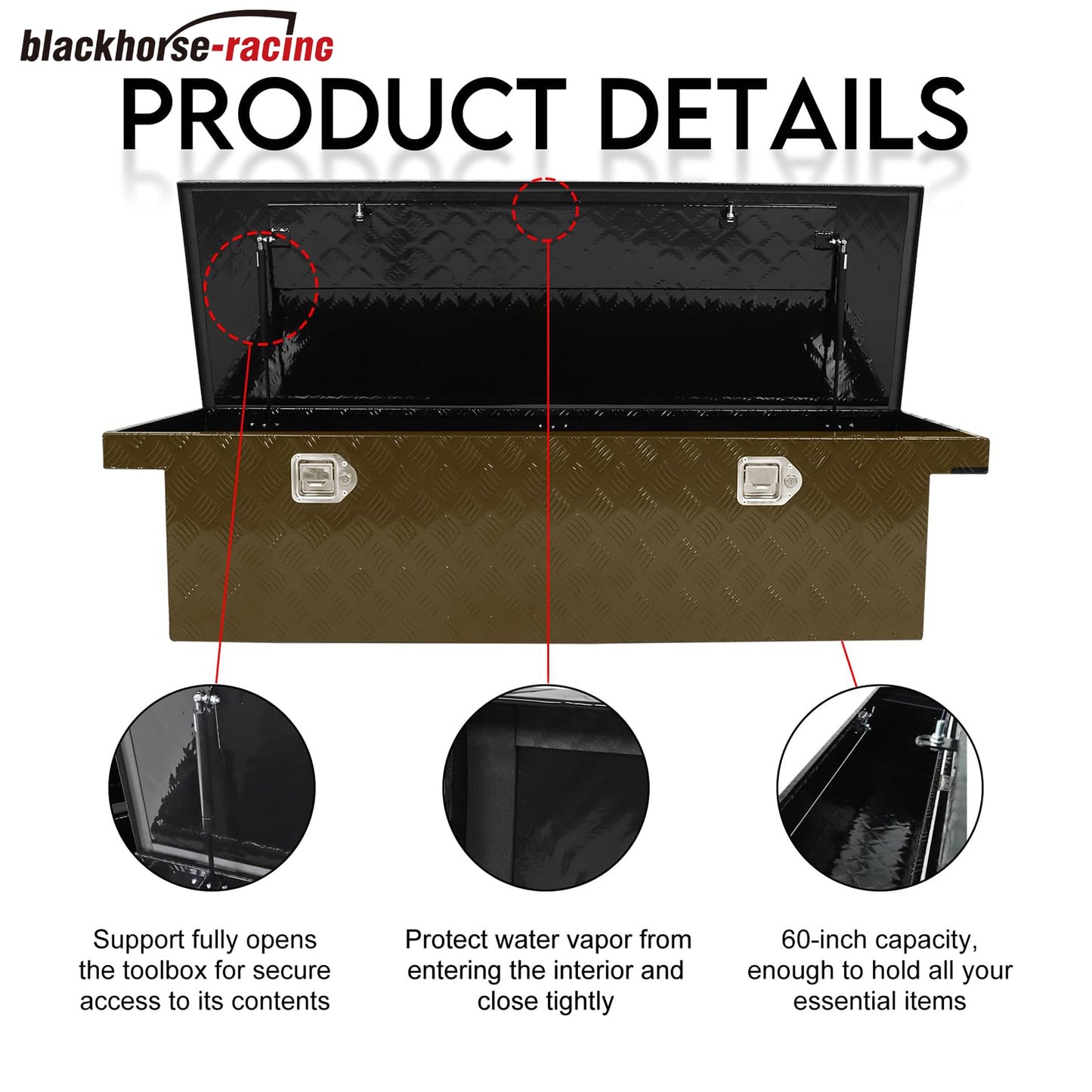 
                  
                    BLACKHORSE-RACING 60 Inch Heavy Duty Aluminum Stripes Plated Truck Tool Box，Underbody Tool Box Storage Trailer Tongue Box with Latch Lock Keys for RV, ATV, Pickup, Trailer-Black（60"x 20"x 14"）
                  
                