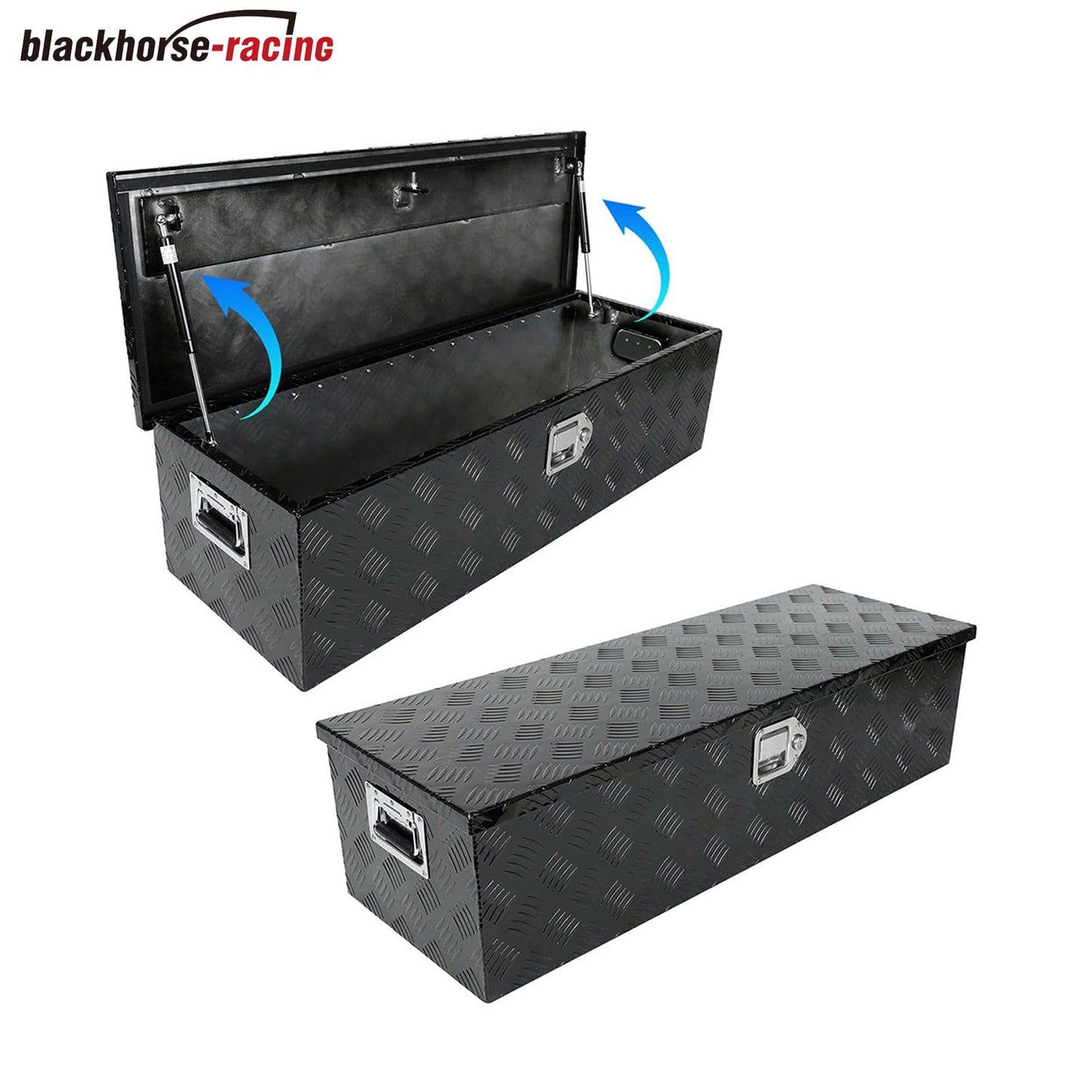 
                  
                    99.06 cm (length) × 33.02 cm (width) × 25.40 cm (height) – Aluminum truck toolbox, heavy-duty toolbox organizer, pickup truck chrome-plated lock, RV trailer toolbox; suitable for truck beds with waterproof black stripes.
                  
                