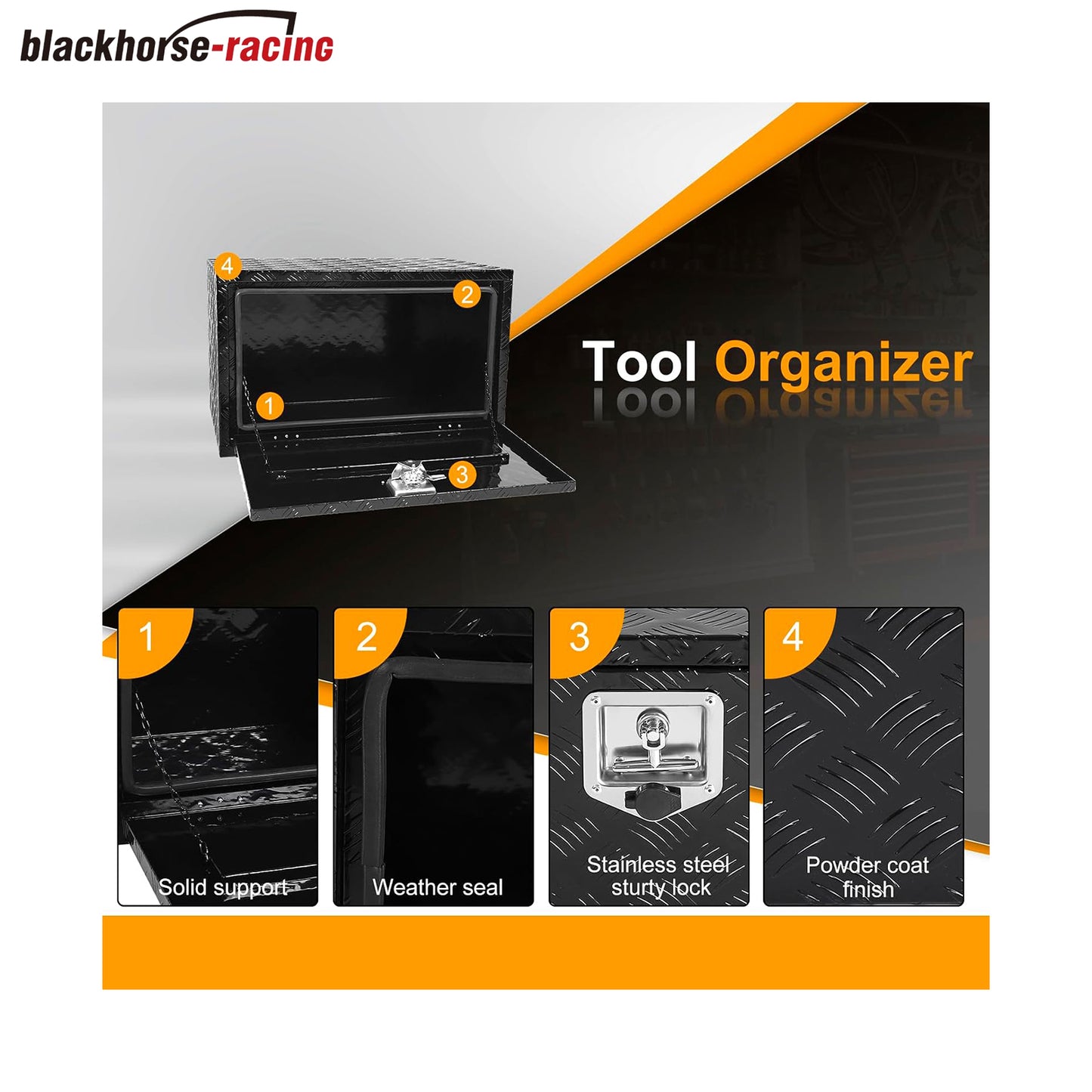 
                  
                    30-inch toolbox storage container with lock and key – suitable for pickup trucks, RVs, trailers, and heavy-duty waterproof black boxes.
                  
                
