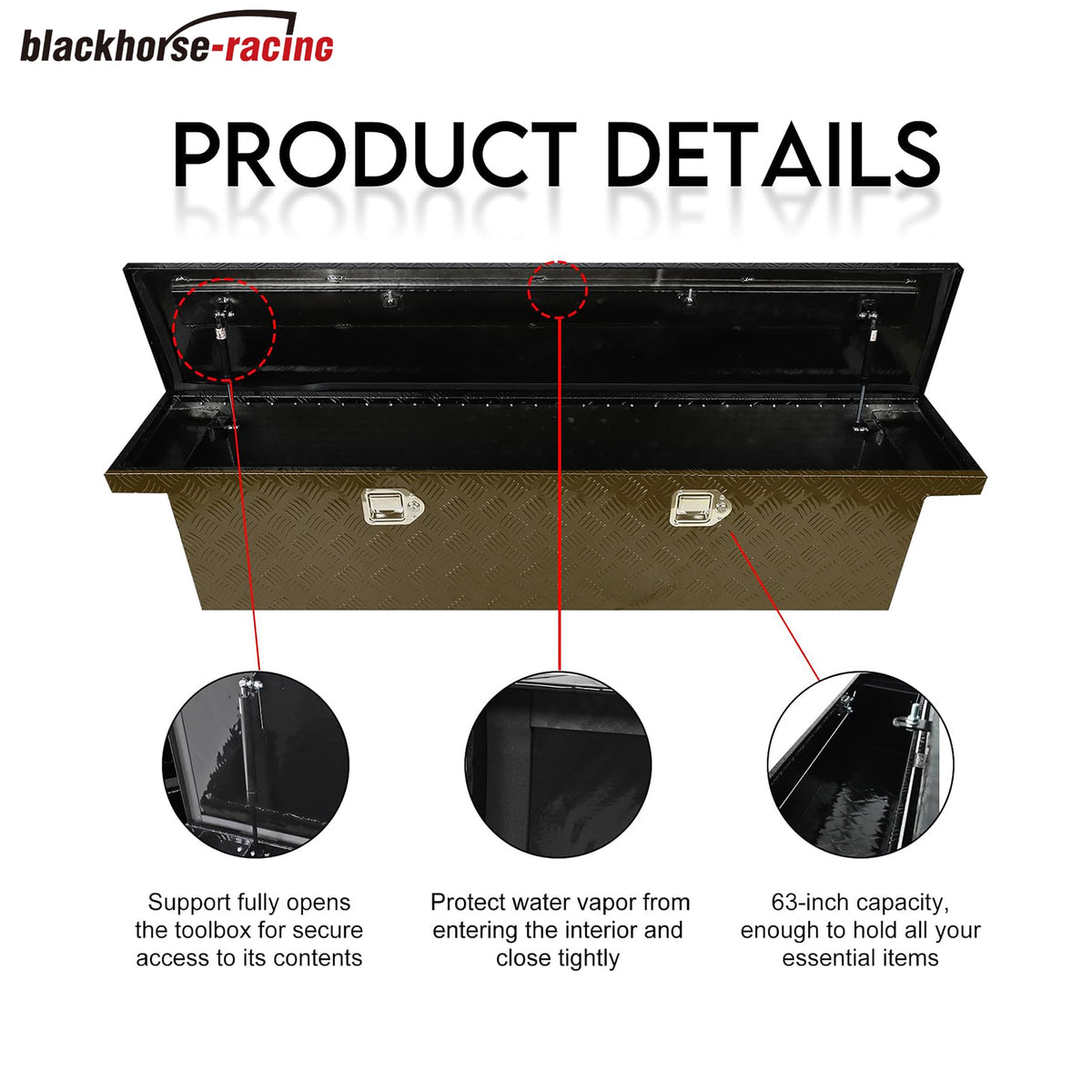 
                  
                    BLACKHORSE-RACING Heavy-Duty Aluminum Pickup Truck Workbench – 5-Ply Tire Pattern Truck Toolbox with Side Handle, Lock and Key – 63 x 12.2 x 11.8 inches – Black
                  
                