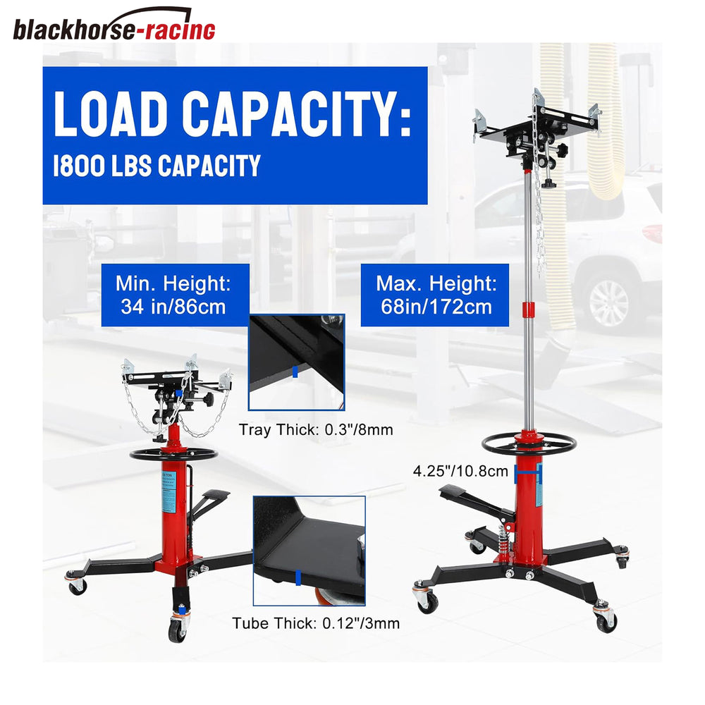 
                  
                    1800 lbs Capacity Transmission Jack, 2 Stage Adjustable Telescoping Hydrulic Transmission Jack with Integrated Foot Pedal & 360°Swivel Wheel, 34" to 68" Lifting Range
                  
                