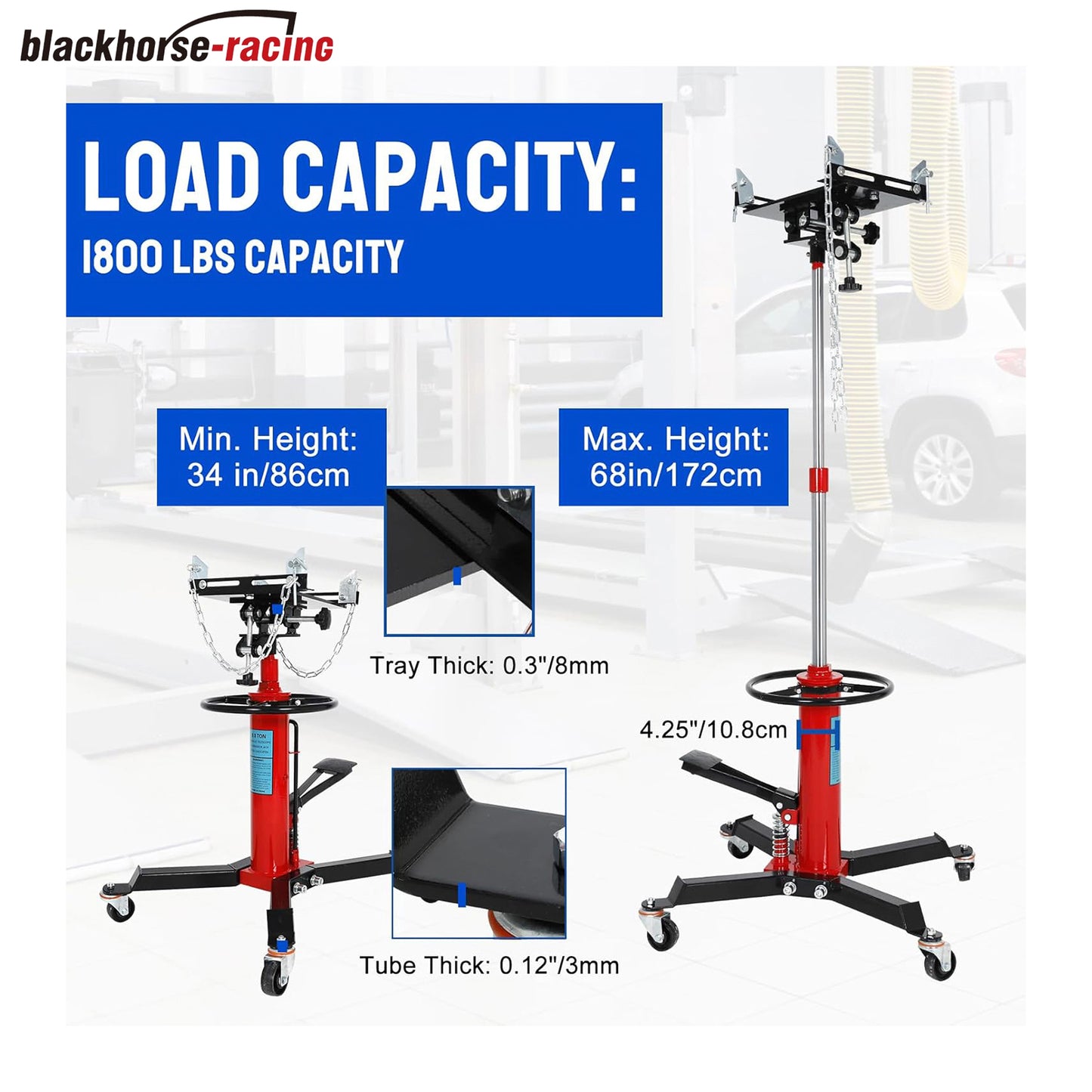 
                  
                    1800 lbs Capacity Transmission Jack, 2 Stage Adjustable Telescoping Hydrulic Transmission Jack with Integrated Foot Pedal & 360°Swivel Wheel, 34" to 68" Lifting Range
                  
                