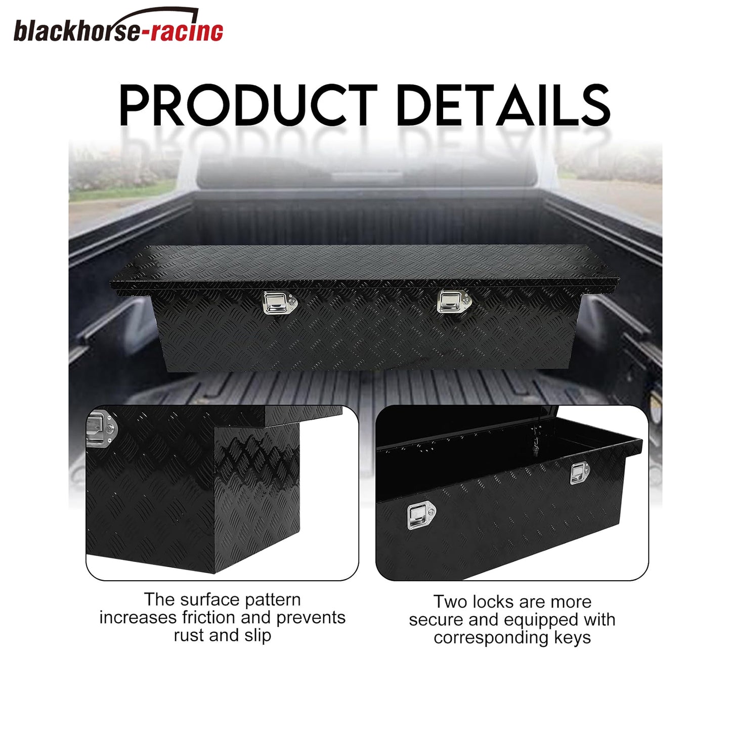 
                  
                    BLACKHORSE-RACING Heavy-Duty Aluminum Pickup Truck Workbench – 5-Ply Tire Pattern Truck Toolbox with Side Handle, Lock and Key – 63 x 12.2 x 11.8 inches – Black
                  
                