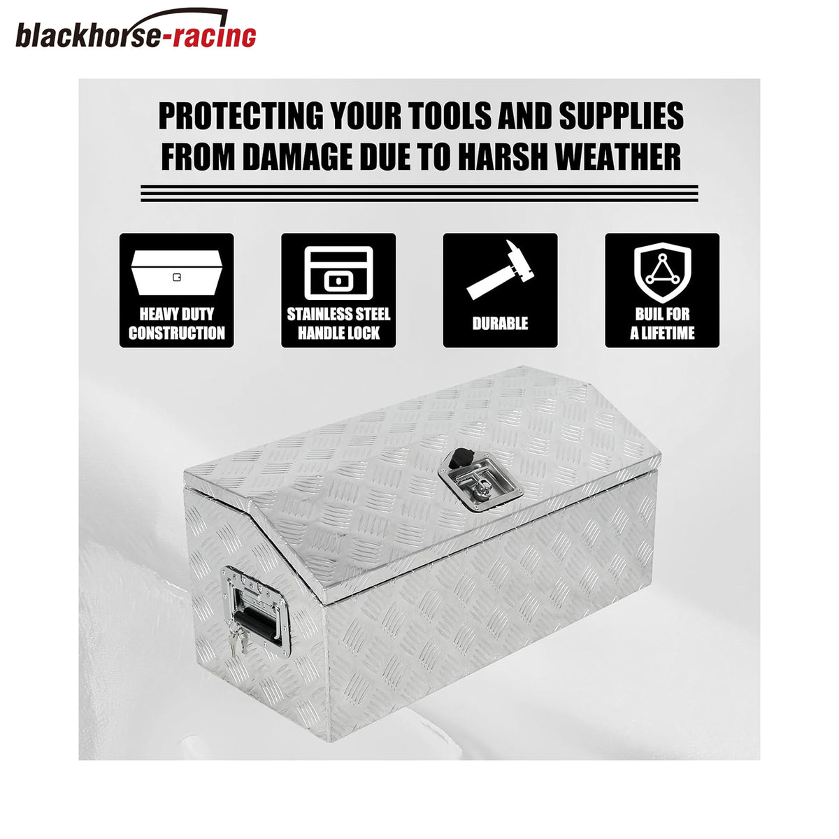 
                  
                    30-inch (approximately 76.2 cm) heavy-duty aluminum truck toolbox with dome lid, designed for retrieving RV trailers; the toolbox includes a lock and key; waterproof – Silver
                  
                