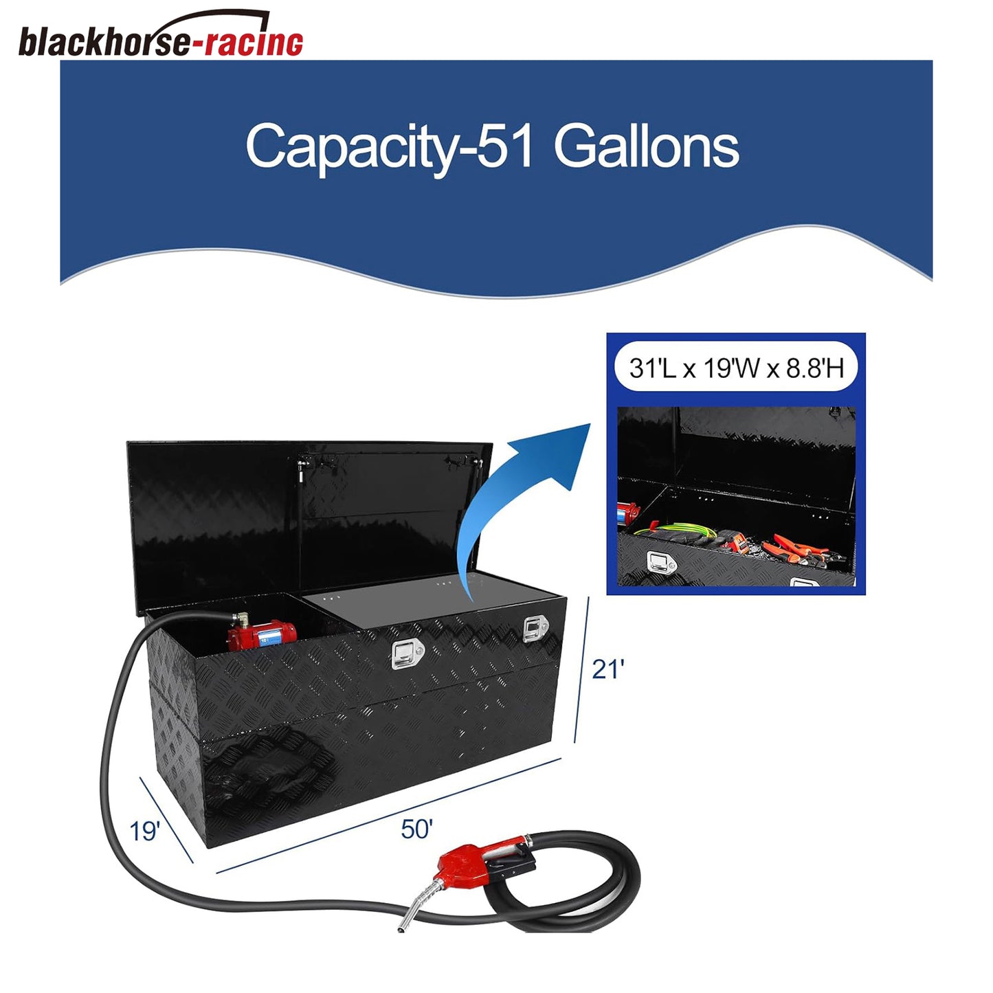 
                  
                    Fuel Transfer/Auxiliary Tank/Toolbox Combo with 10 GPM Pump, Auto Fueling Nozzle, 13FT Hose, 51 Gallon
                  
                