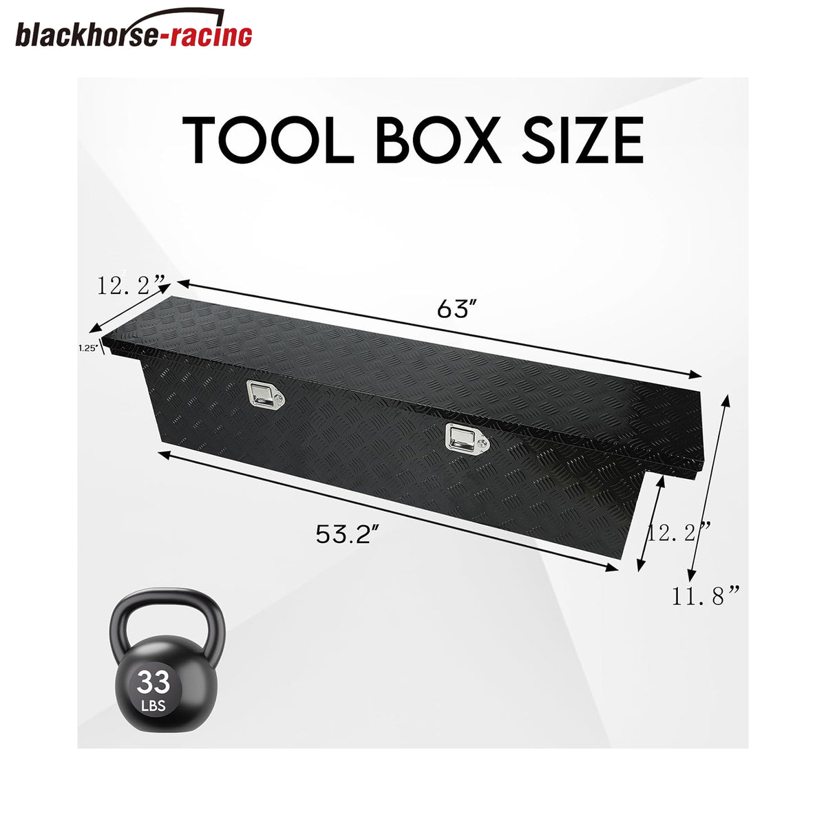 
                  
                    BLACKHORSE-RACING Heavy-Duty Aluminum Pickup Truck Workbench – 5-Ply Tire Pattern Truck Toolbox with Side Handle, Lock and Key – 63 x 12.2 x 11.8 inches – Black
                  
                