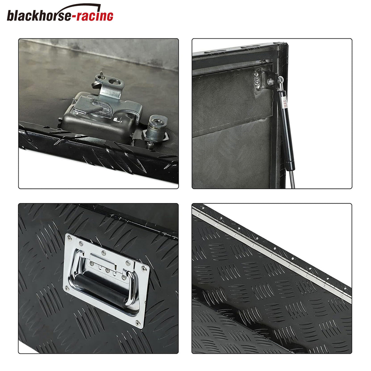 
                  
                    99.06 cm (length) × 33.02 cm (width) × 25.40 cm (height) – Aluminum truck toolbox, heavy-duty toolbox organizer, pickup truck chrome-plated lock, RV trailer toolbox; suitable for truck beds with waterproof black stripes.
                  
                