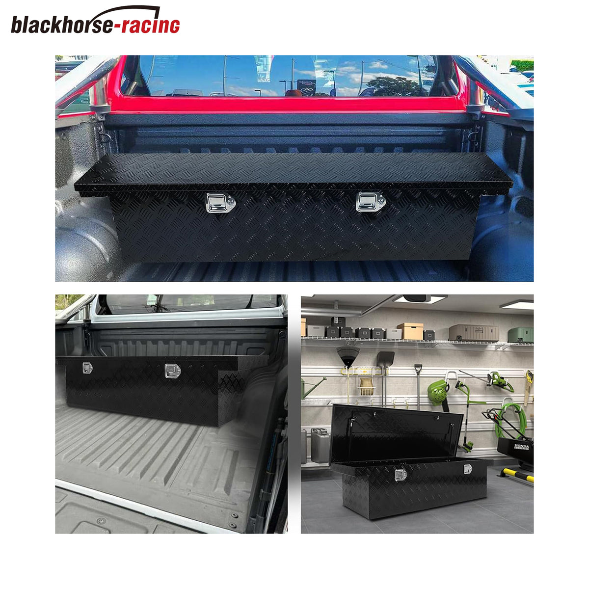 
                  
                    BLACKHORSE-RACING Heavy-Duty Aluminum Pickup Truck Workbench – 5-Ply Tire Pattern Truck Toolbox with Side Handle, Lock and Key – 63 x 12.2 x 11.8 inches – Black
                  
                